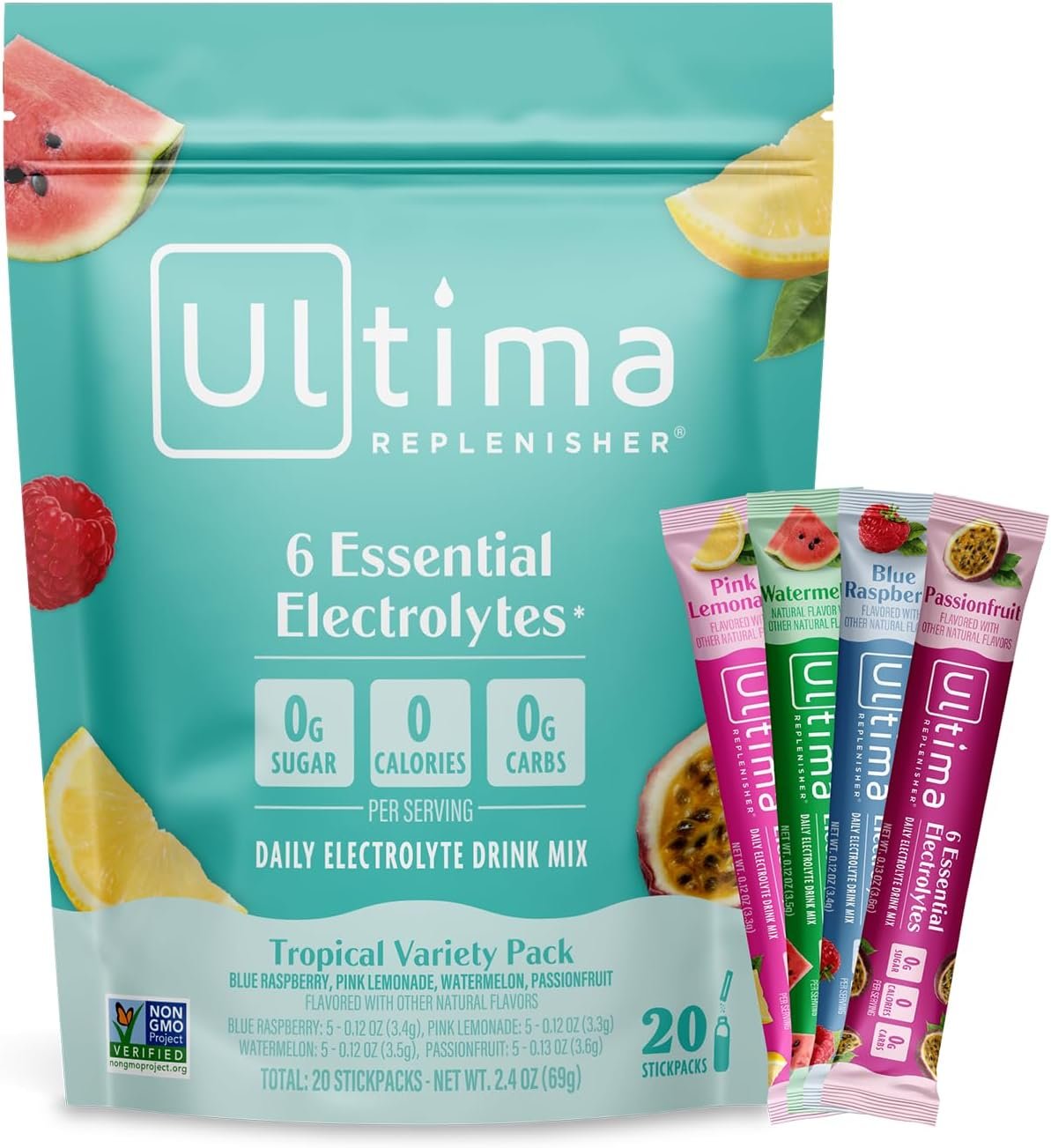 Ultima Replenisher Daily Electrolyte Powder – Tropical Variety Pack, 20 Stickpacks – Zero Sugar Hydration Packets with 6 Electrolytes and Minerals – Sugar Free, Plant Based & Keto Friendly​ Drink Mix
