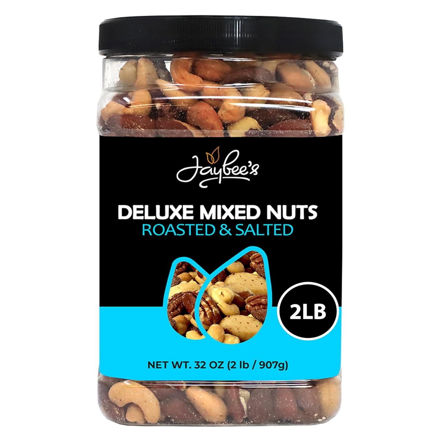 Mixed Nuts Deluxe – Roasted & Salted | 32 oz Reusable Container | Healthy Gourmet Variety Snack Mix with Cashews, Almonds, Brazil Nuts, Pecans, Hazelnuts (No Peanuts) Holiday Gifts | Keto, Vegan Friendly, Healthy Nut Mix | Jaybee’s