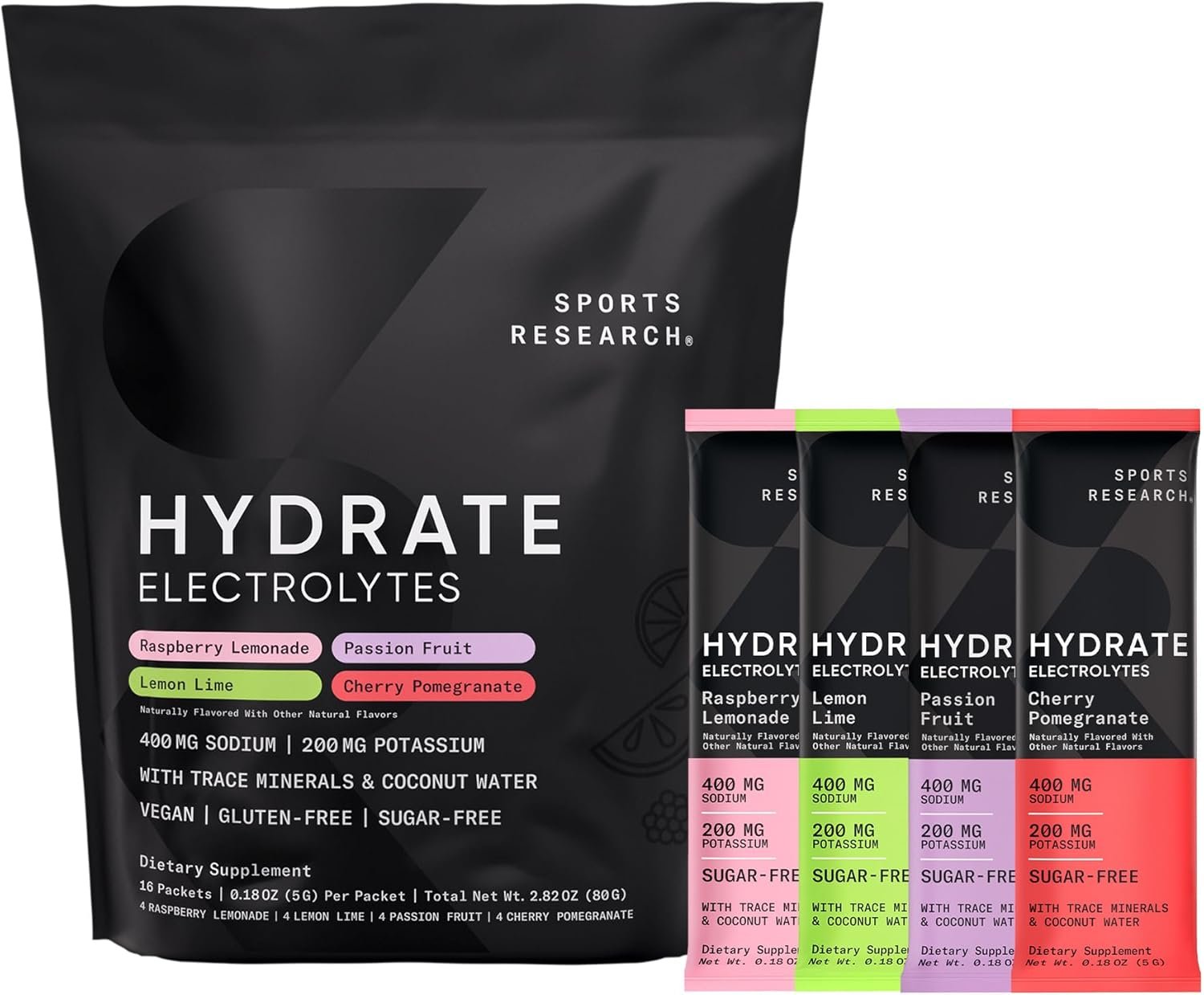Sports Research® Hydrate Electrolytes Powder Packets – Sugar-Free & Naturally Flavored with Vitamins, Minerals, and Coconut Water – Supports Hydration – 16 Packets – Variety Pack | Sugar-Free, Naturally Flavored, with Vitamins, Minerals, and Coconut Water, Supports Hydration