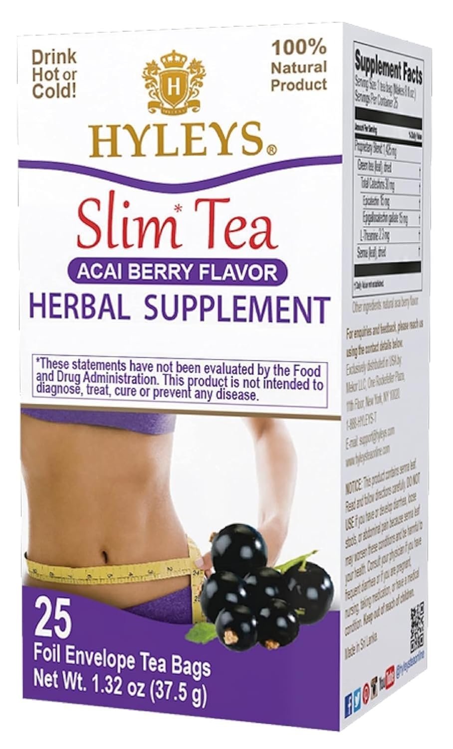 HYLEYS Slim Tea Acai Berry Flavor – Weight Loss Herbal Supplement Cleanse and Detox – 25 Tea Bags (1 Pack)