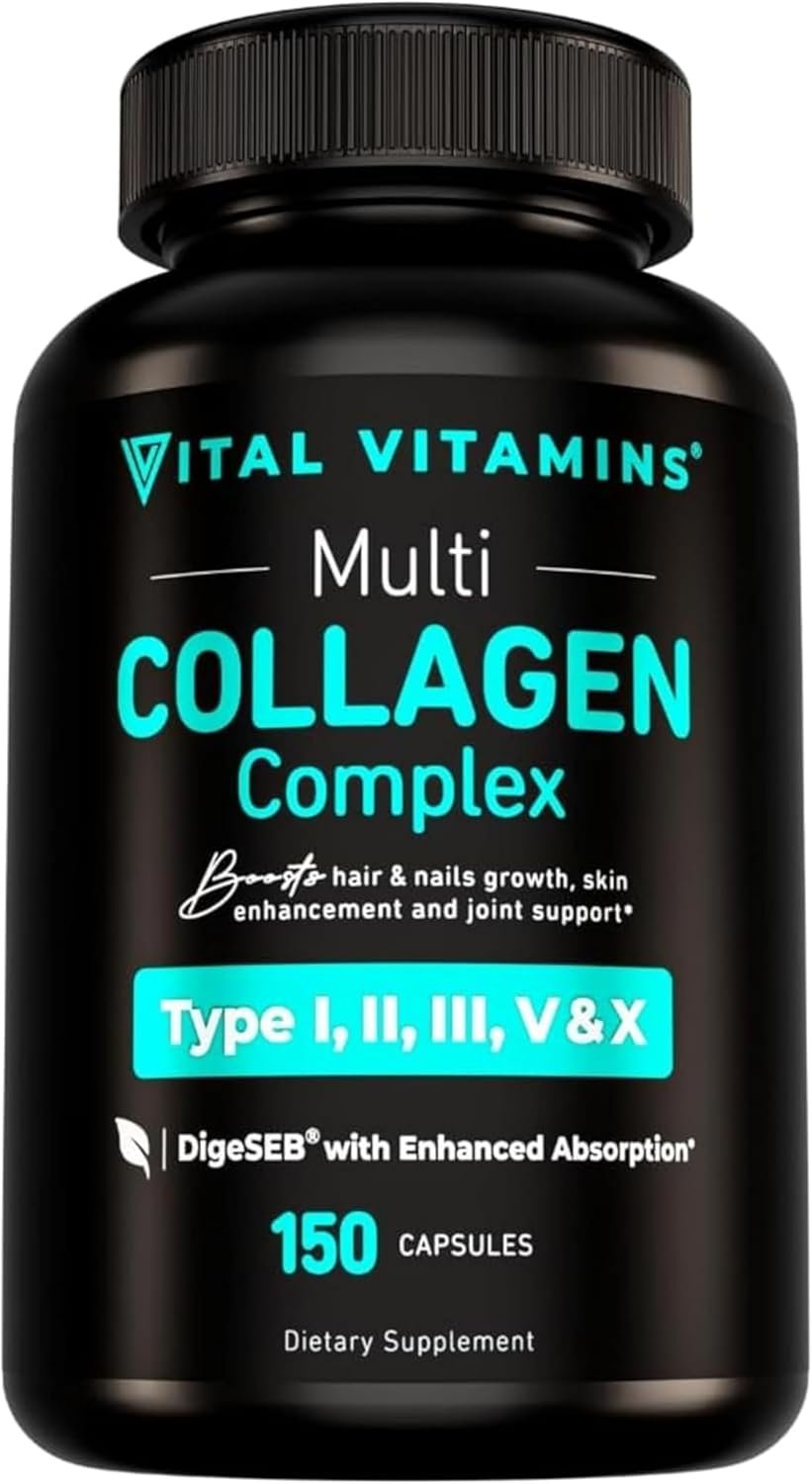 Vital Vitamins Multi Collagen Capsules – Type I, II, III, V, X – Grass-Fed, Collagen Peptides Supplements, Non-GMO – for Men & Women – 150 Count