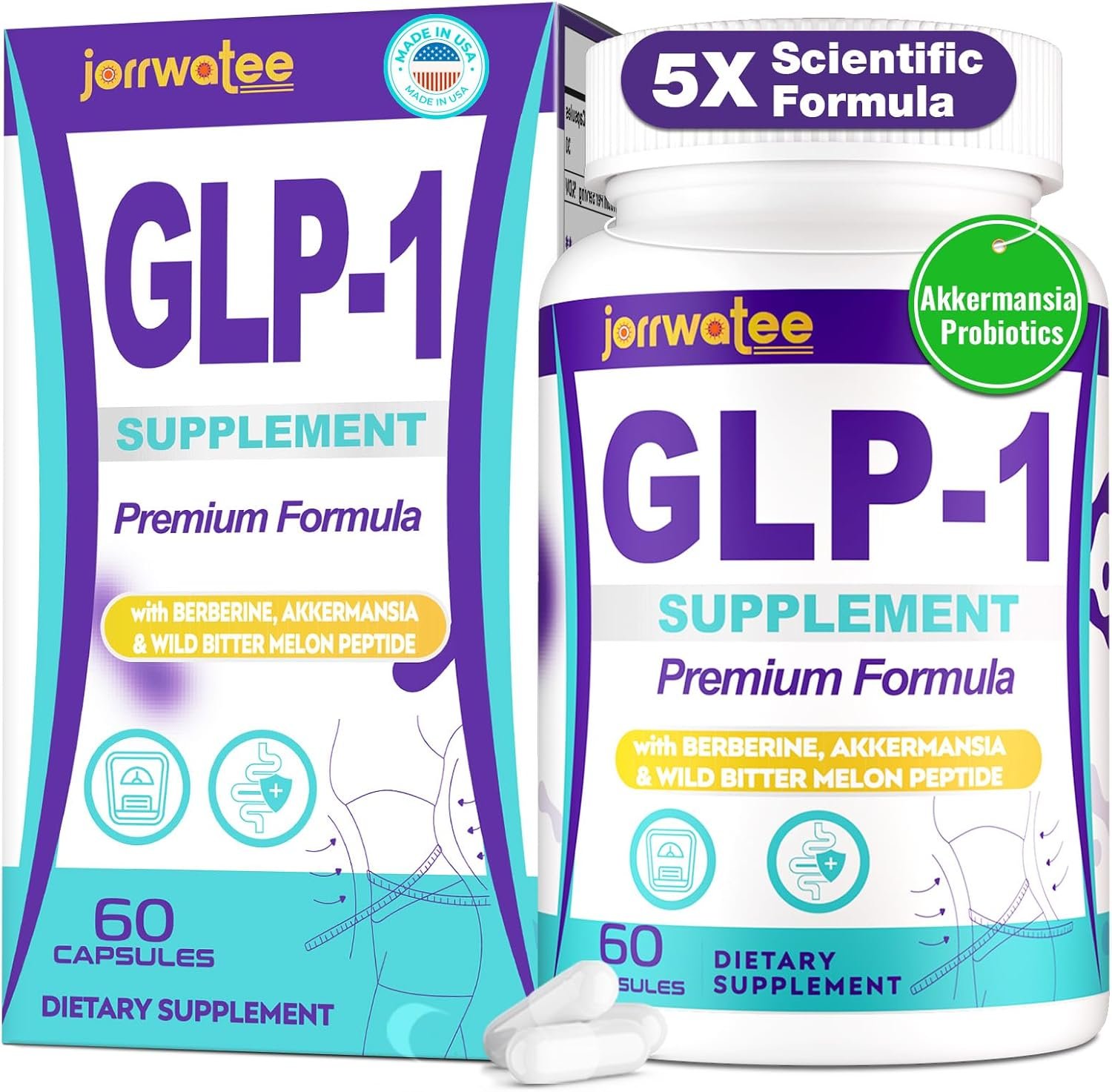 GLP-1 Supplements Women & Men, 14-in-1 GLP1 for Daily GLPl Level*,Metabolism*, Digestion & Energy, 5X Advance Formulate GLP 1 with Akkermansia Probiotic, 60 Caps