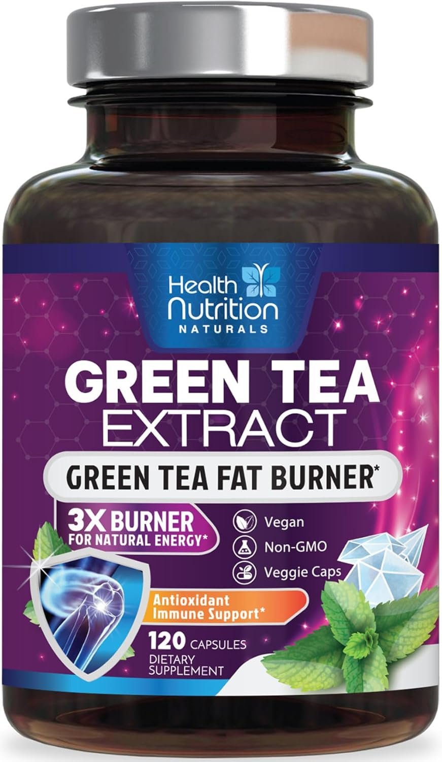 Green Tea Extract Capsules 1300mg per Serving – Standardized 45% EGCG & 98% Polyphenols – 3X Strength Green Tea Natural Energy, Herbal Supplement with Heart & Antioxidant Health Support – 120 Capsules
