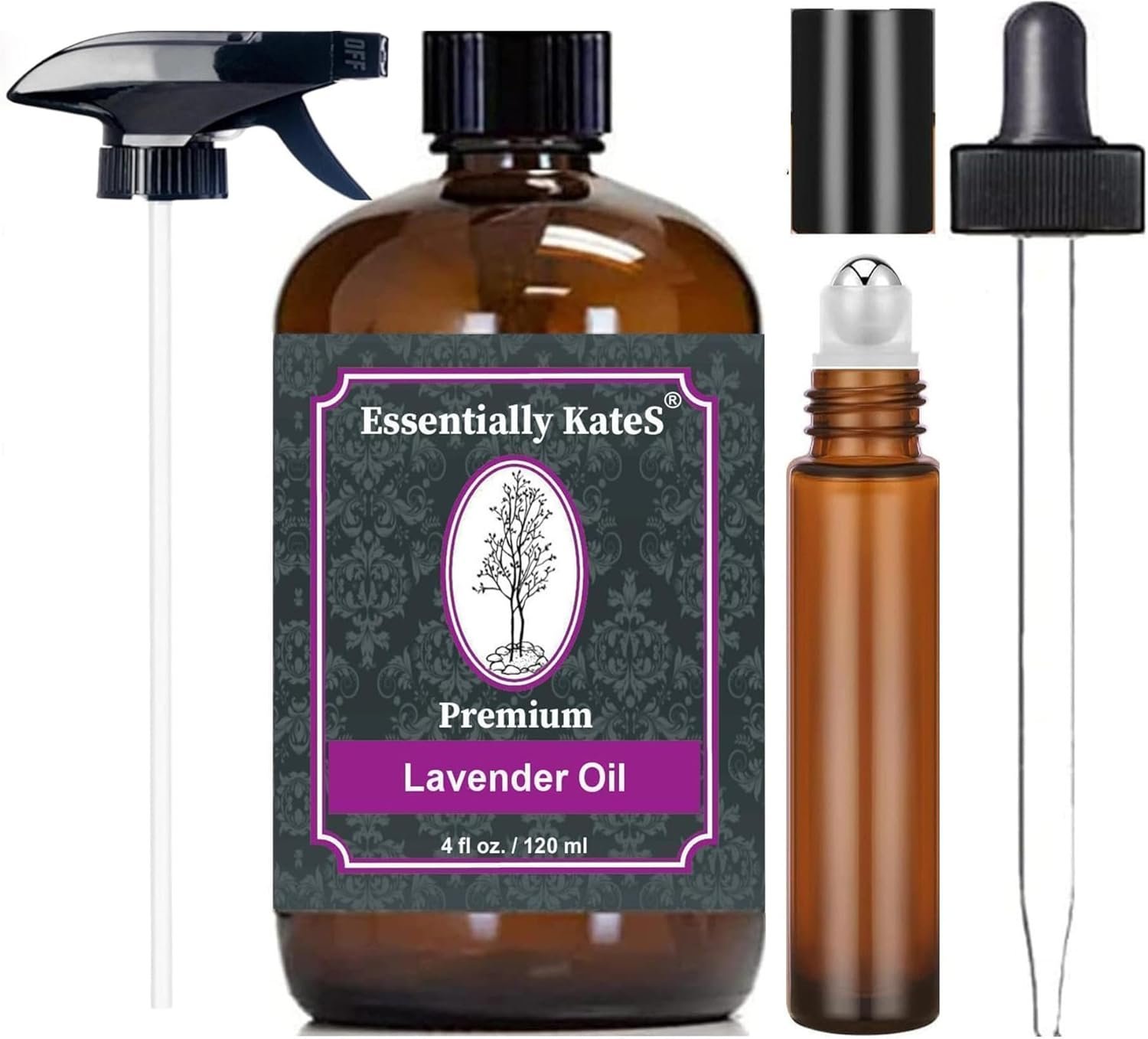 Essentially KateS Lavender Oil – 100% Pure & Natural, Steam-Distilled, with Glass Dropper, Roll-On Bottle & Sprayer for Aromatherapy, Skin & Home Use