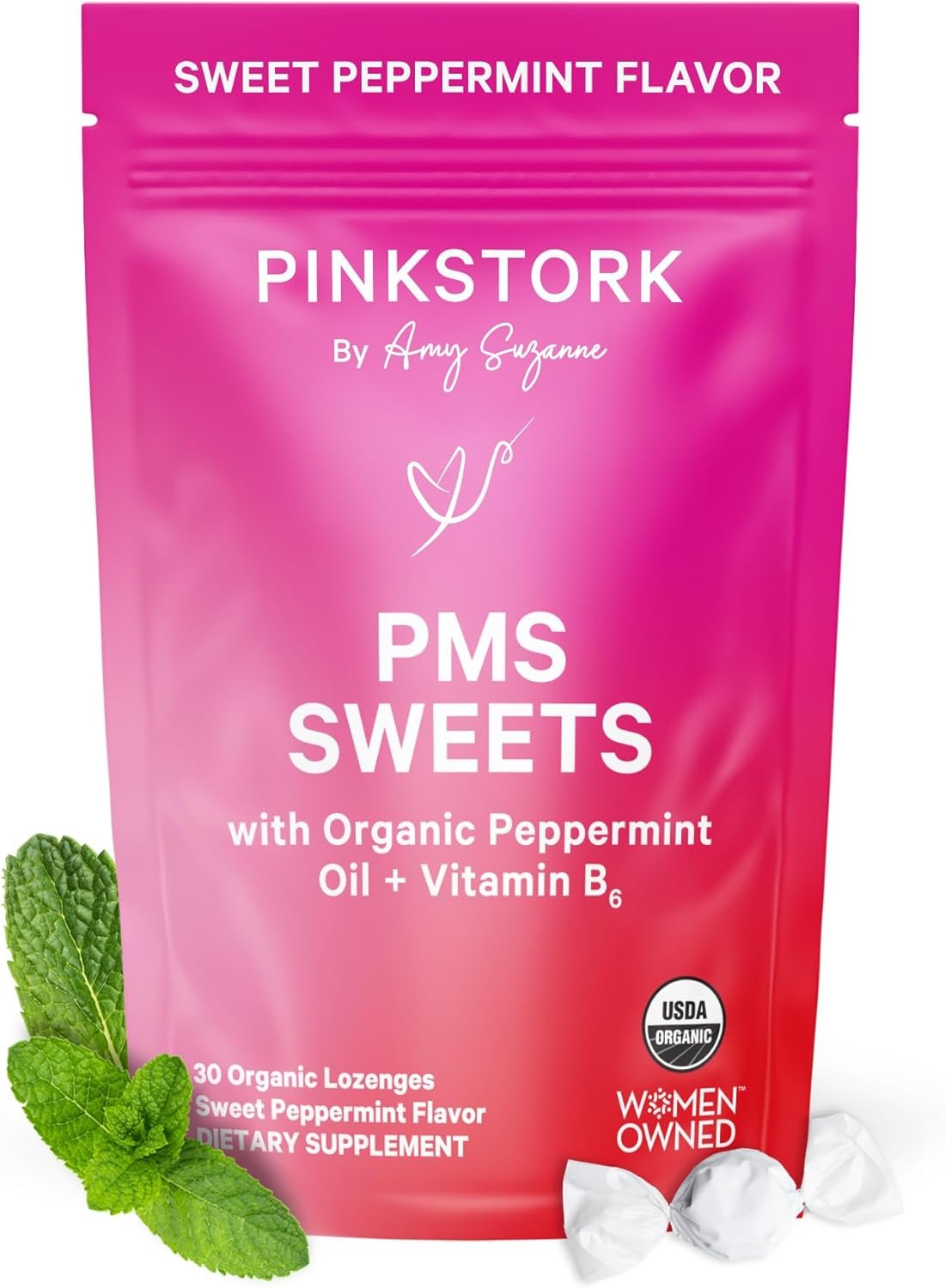 Pink Stork Organic PMS Support Sweets for Teens and Women – Simple & Natural Ingredients Vitamin B6 and Peppermint – Period, Digestion, Bloating, Mood Swings – 30 Drops