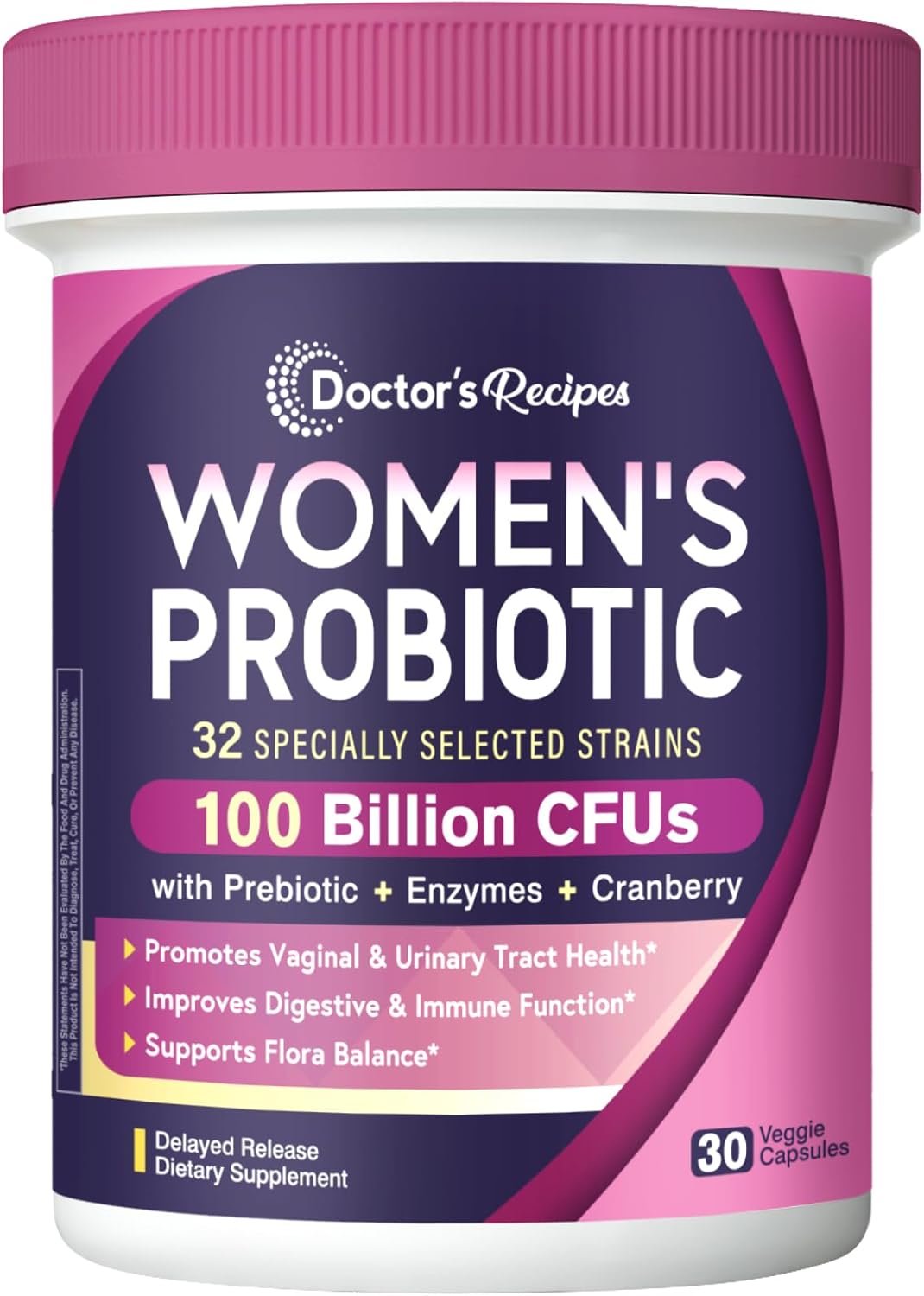 Doctor’s Recipes Probiotics for Women, 100 Billion CFU 32 Strains, with Prebiotic, Enzymes & Cranberry, Shelf Stable, Delayed Release, 30 Caps