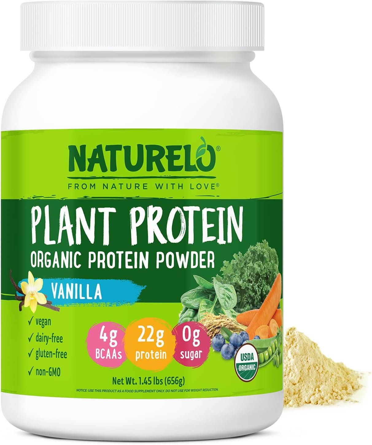 NATURELO Plant Protein Powder, Vanilla, 22g Protein – Non-GMO, Vegan, No Gluten, Dairy, or Soy – No Artificial Flavors, Synthetic Coloring, Preservatives, or Additives – 20 Servings