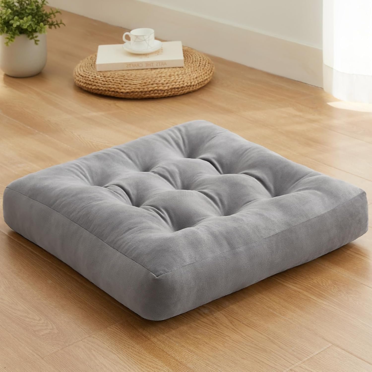 Meditation Floor Pillow Set of 1, Square Large Pillows Seating for Adults, Meditation Cushion Pillow,Tufted Corduroy Cushion for Tatami Living Room or Yoga, Light Gray, 22×22 Inch