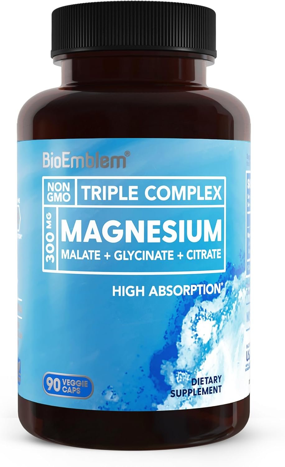 BioEmblem Triple Magnesium Complex | 300mg Magnesium Glycinate, Malate & Citrate | High Absorption Chelated Formula | Vegan, Non-GMO, Gluten-Free | 90 Capsules