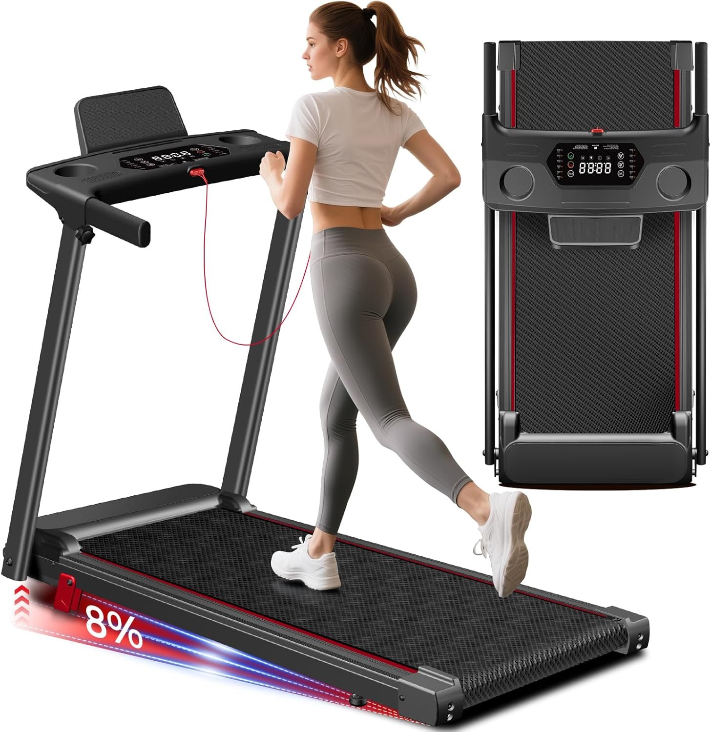Treadmill with Incline 3-in-1 Portable Treadmills for Home Small, Incline Walking Pad Treadmill with Handle Bar, Walking Pad Foldable with 3.0HP Quiet Brushless, LED Dispay, 300LBS Capacity