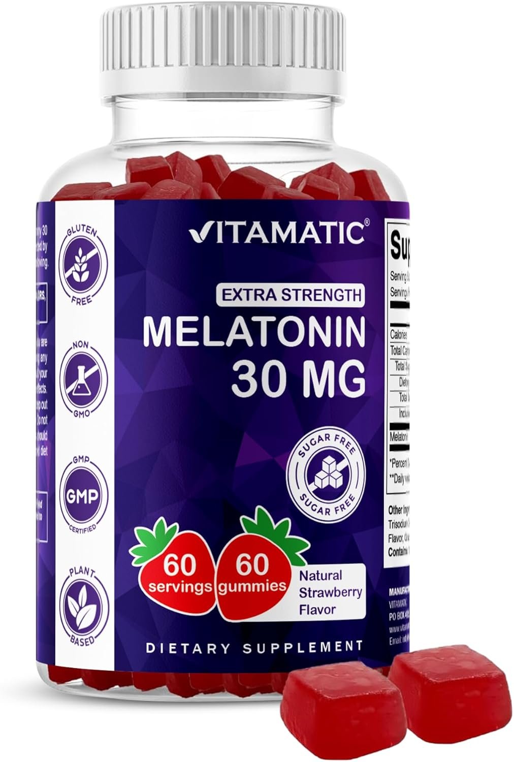 Vitamatic Sugar Free Melatonin 30mg per Gummy – 60 Servings – 60 Vegetarian Gummies – Non-Habit Forming Supplement (60 Count (Pack of 1))