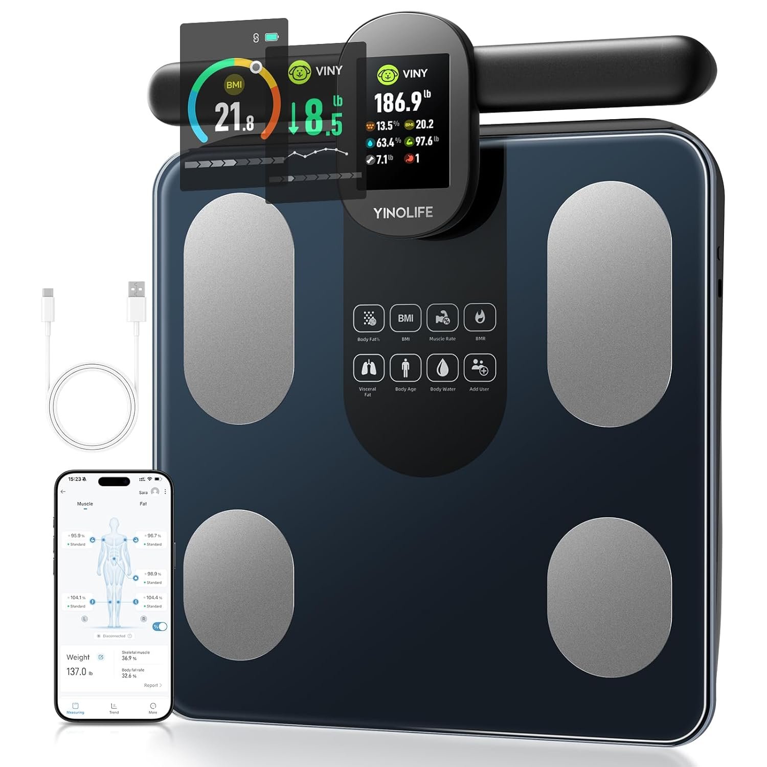 Scale for Body Weight, 8 Electrode Smart Bathroom Scale with BMI Body Fat Muscle Mass 28 Full Body Composition, High Precision Digital Weight Scale with Handle Display, Rechargeable, 400 lbs
