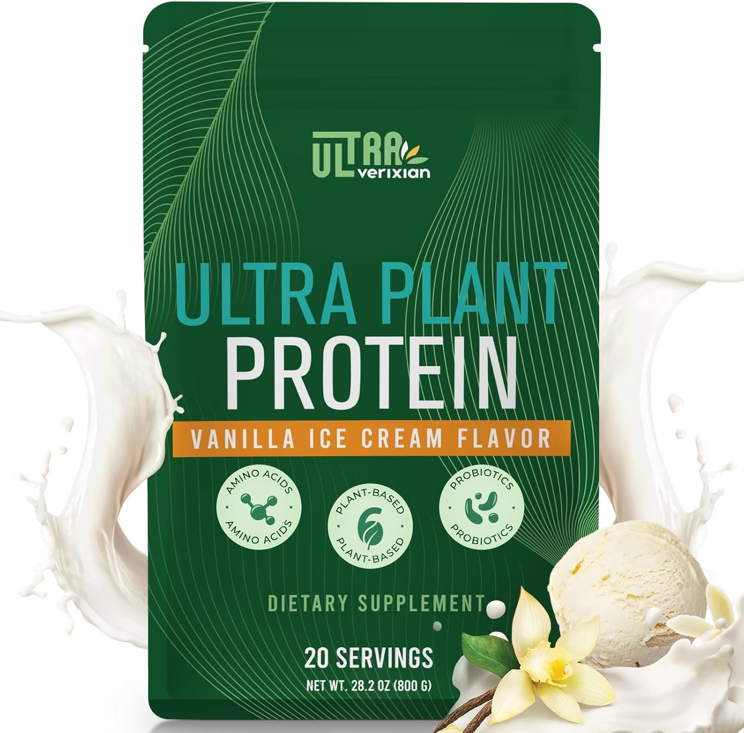 30g Plant-Based Protein Powder, 5-in-1 Vegan Protein Powder, Vanilla, 0g Sugar, with 20 Billion CFU Probiotics, BCAA, Vitamins, and Minerals, Digestive Support, Keto-Friendly, Low Carb, 20 Servings