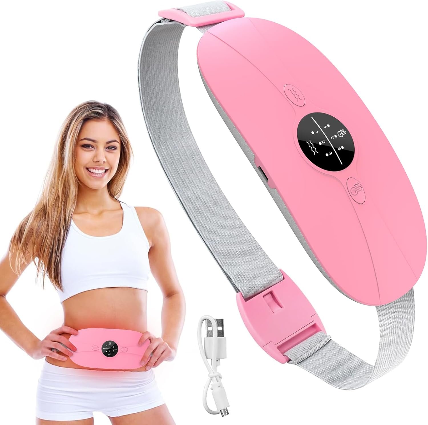 Heating Pad for Period Cramps, 3 Heat Levels and 3 Massage Modes, Portable Heating Pad for Menstrual Cramps Relief, Cordless Electric Period Belt Back Belly Heat Pad, Pink