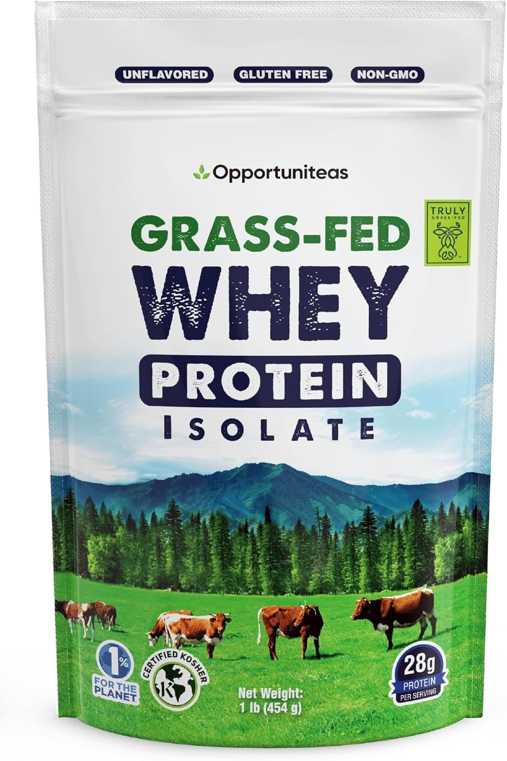Opportuniteas Grass Fed Whey Isolate Protein Powder – Unflavored, Heavy-Metal Tested, 28g Protein, Sourced from Ireland, Hormone-Free, Non-GMO, Packaged in USA – 1lb