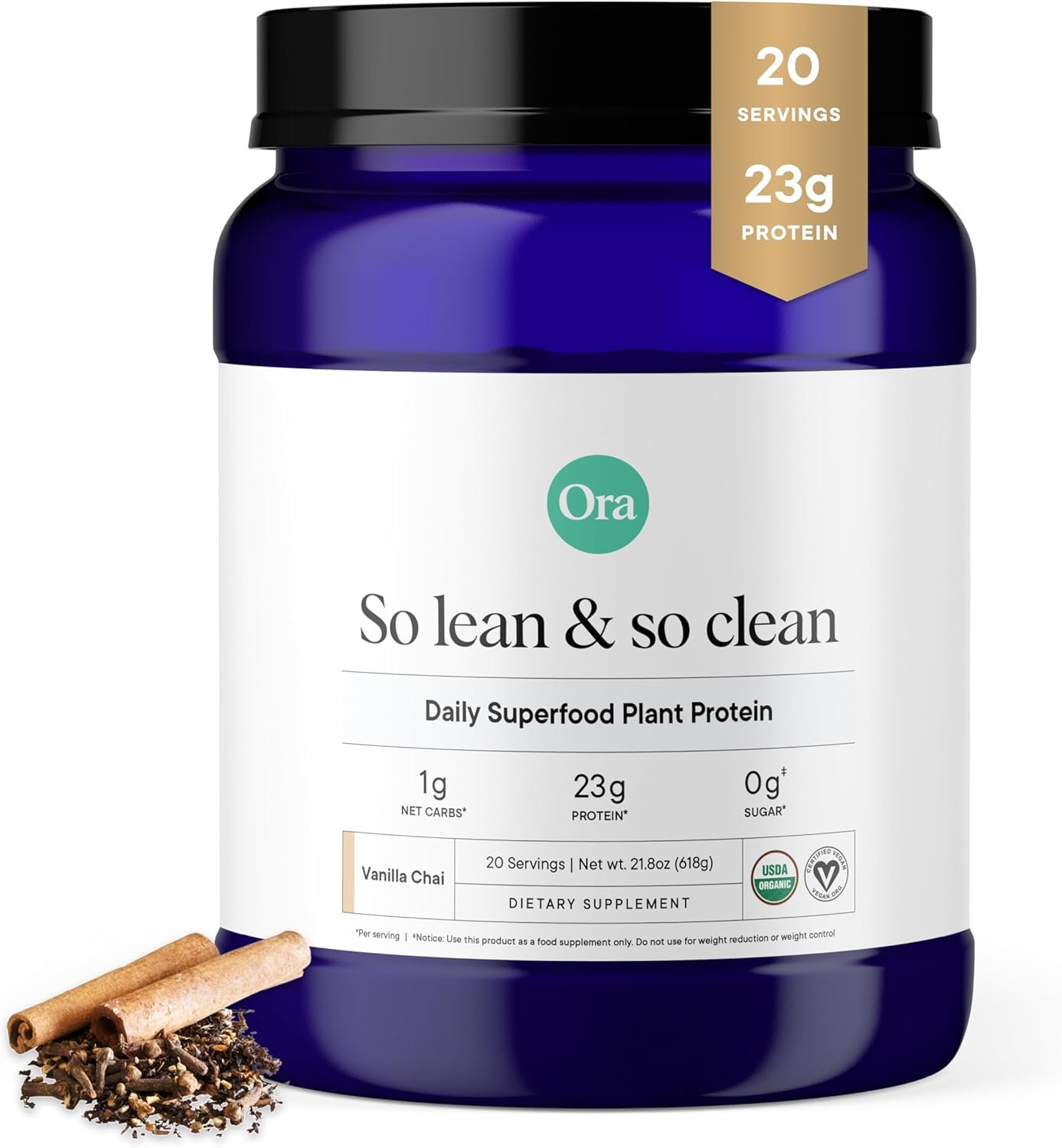 Ora Organic Vegan Protein Powder – 23g Plant-Based Protein Powder for Women and Men | Clean Protein Source, Keto Friendly, Gluten Free, Paleo, Dairy-Free, Soy-Free – Vanilla Chai – 20 Servings