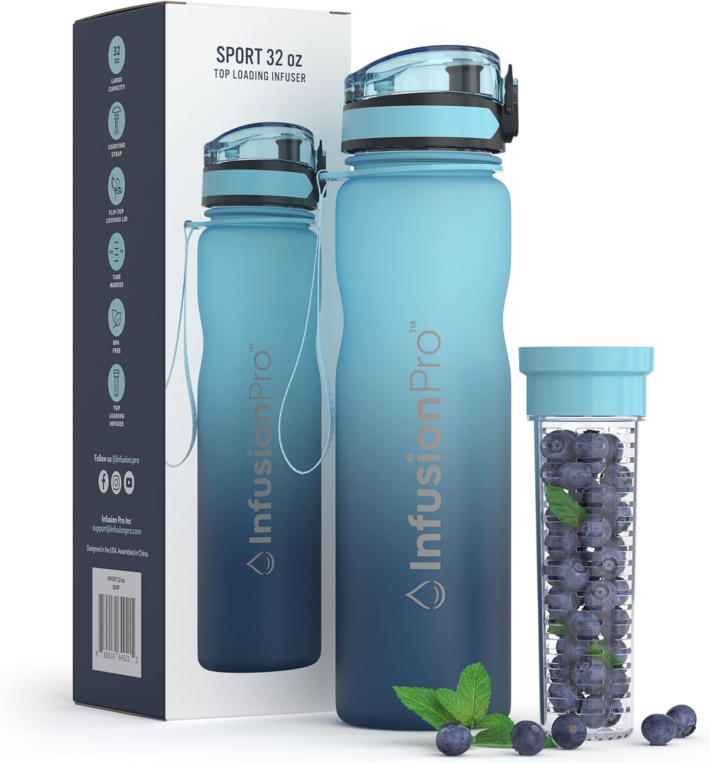 Infusion Pro 32 oz Fruit Infuser Water Bottle with Time Marker – Flip Top Locking Lid, Insulated Sleeve & 50 Recipe Fruit Infusion Water eBook : Leak Proof : for Gym, Sports, Travel : Unique Gift Idea