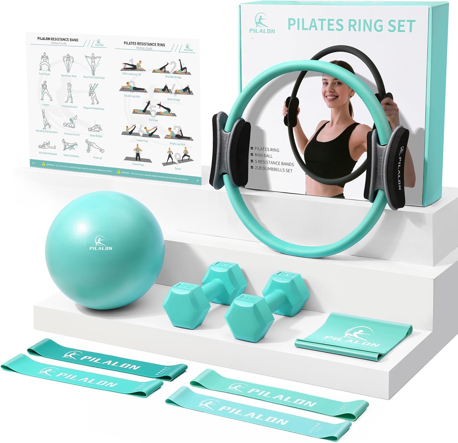 Pilates Ring Set – Studio-Grade Anti-Deformation Pilates Kit – Pilates Equipment for Home Workout – 14” Pilates Ring, Pilates Ball, 2 Dumbbells, 5 Resistance Bands for Toning Arms, Thighs