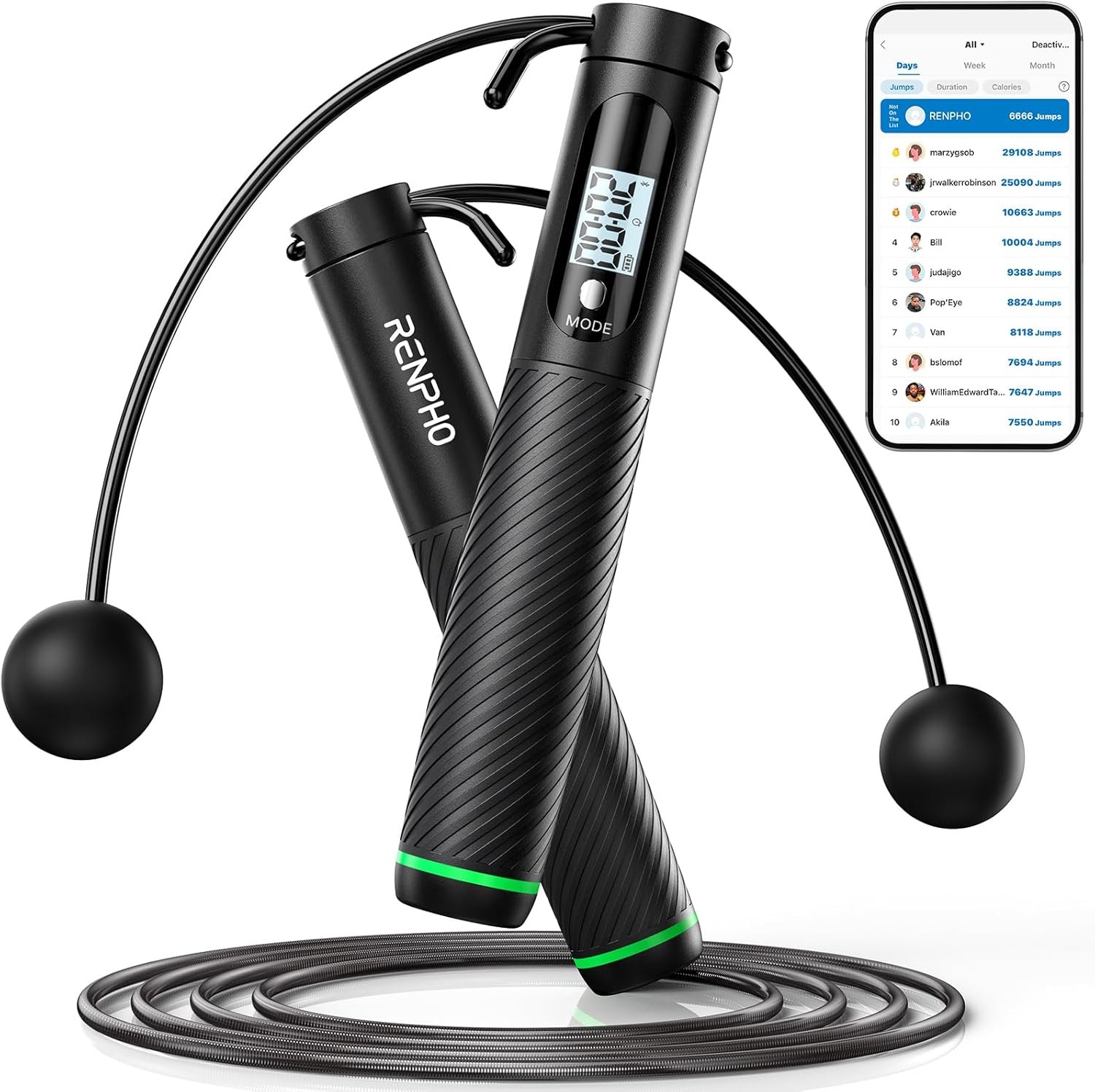 RENPHO Cordless Jump Rope, Weighted Jump Rope with Counter, Jump Ropes for Fitness, Smart Skipping Rope for Crossfit, Gym, Burn Calorie, APP Data Analysis, at-Home-Workout for Women Men Adult Kids