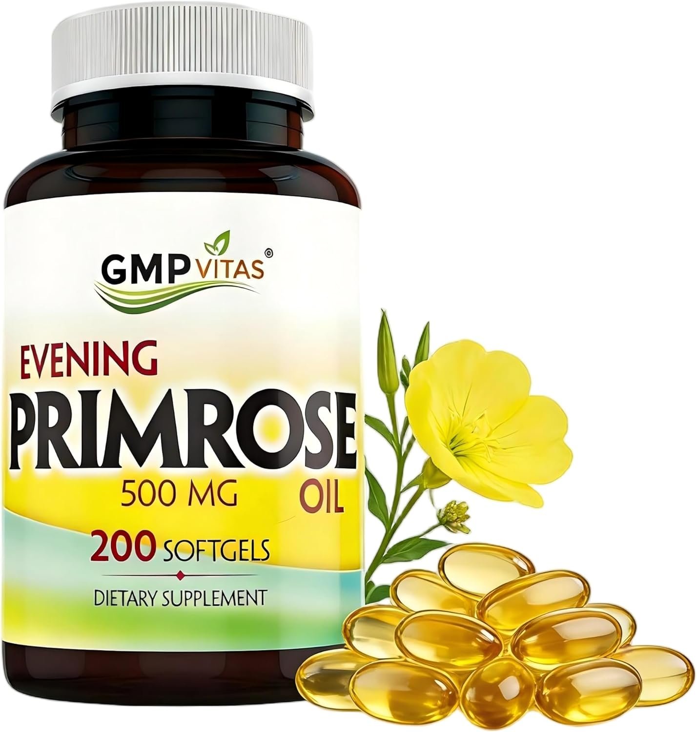 Evening Primrose Oil 500mg, 200 Softgels, Cold-Pressed with 45mg GLA, Non-GMO, Made in USA, Supports Women’s Hormonal Balance & Skin Health