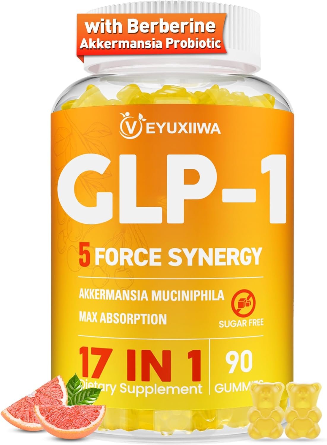 GLP-1 Supplement for Women, 5X GLP-1 Blends with Akkermansia Probiotic & Berberine, 17-in-1 High Efficiency GLP-1 Probiotic Gummies , for Energy, Digestion & Gut, Yuzu Flavor, Sugar Free – 90 Gummies