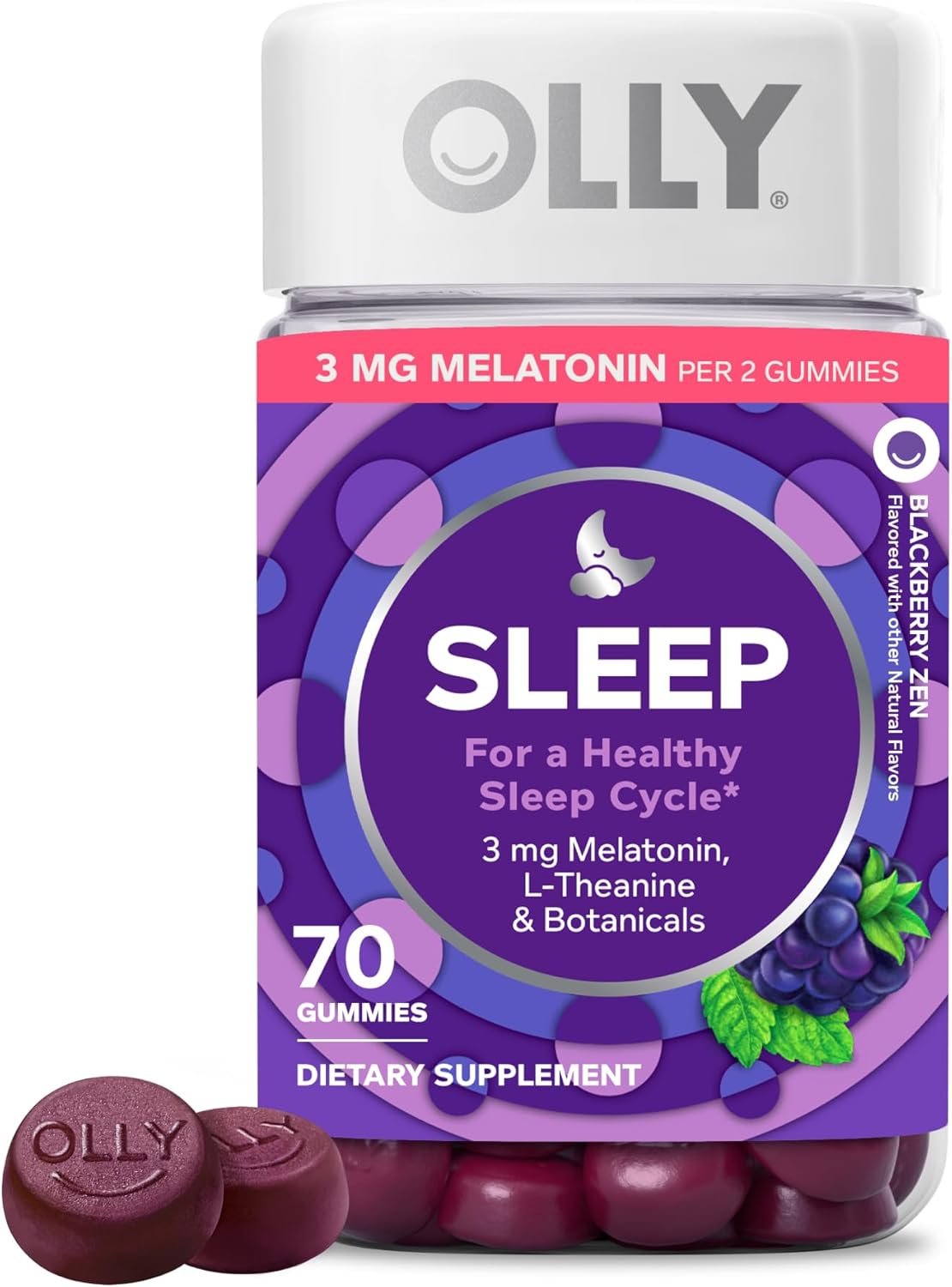 OLLY Sleep Gummy, 3 mg Melatonin, L-Theanine, Chamomile, Lemon Balm, Sleep Aid, Blackberry – 70 Count