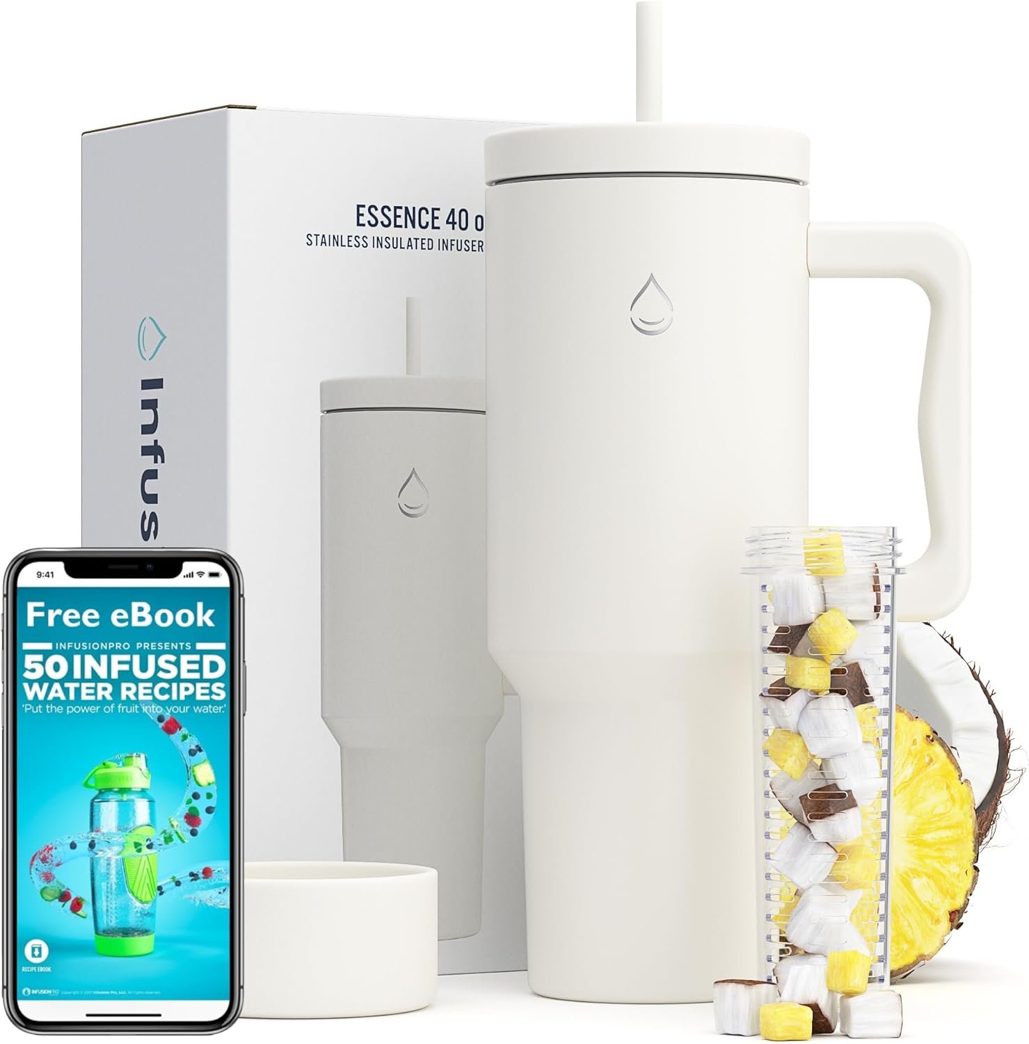 Infusion Pro Fruit Infuser Tumbler with Handle & Straw Lid 40 oz : 50 Recipe Fruit Infusion eBook : Bottom Boot : Fits Cupholder : Stainless Steel : Essence (COCONUT MILK)