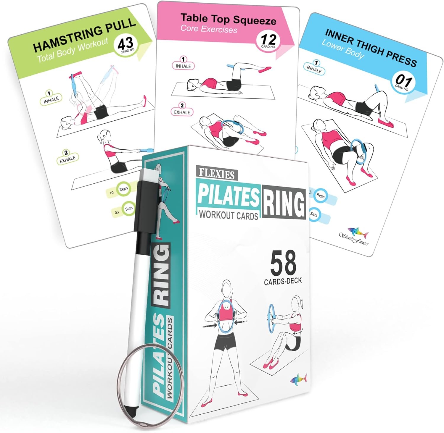 Pilates Ring Workout Cards -58 Exercise ring Card with Pilates circle Work Out Posture, Instruction & Breathing Tips | Free Dry-Erase Marker & Binding ring|Pilates Equipment Thigh Master guide
