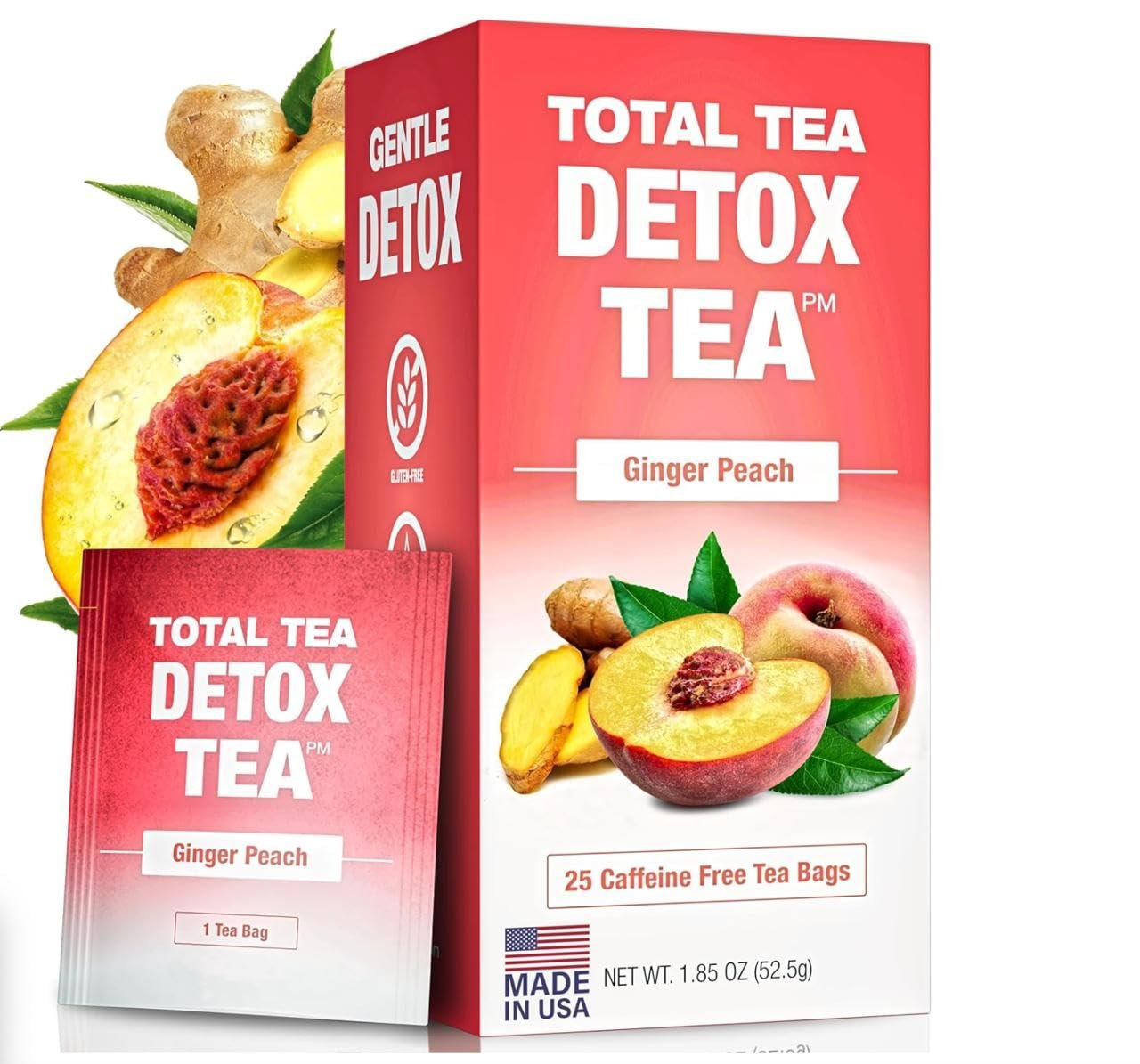 Total Tea SIimming Detox Tea Caffeine Free – 25 Day Detox – Weight l0ss for women with Chamomile, Hibiscus Tea & Ginger Root for Colon Cleanse – Natural Herbal Ginger & Peach Fruit Tea for Digestive Health