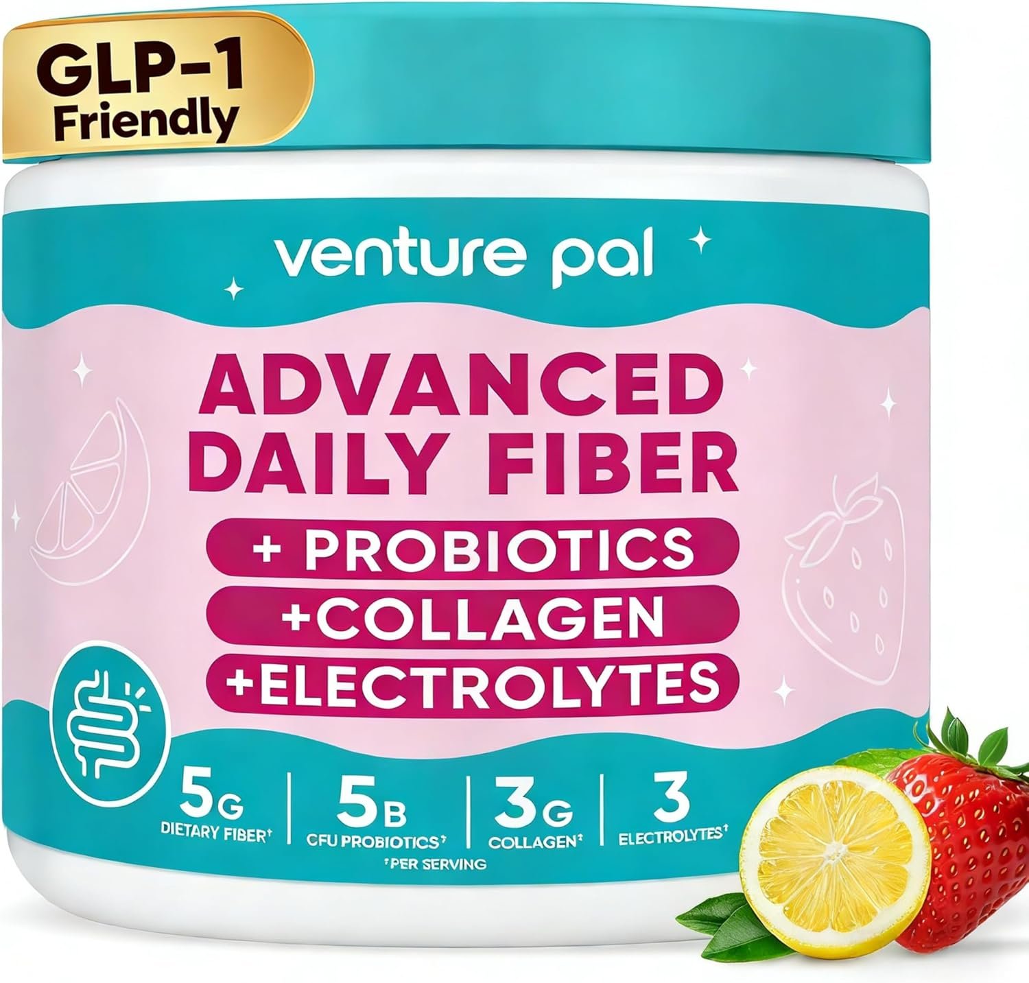 6-in-1 Daily Fiber Powder Supplement – Premium Acacia Fiber, GLP-1 Friendly, Prebiotic& Probiotics, Collagen Peptides& Electrolytes for Gut & Digestive Support, Sugar Free Fiber Powder for Men & Women