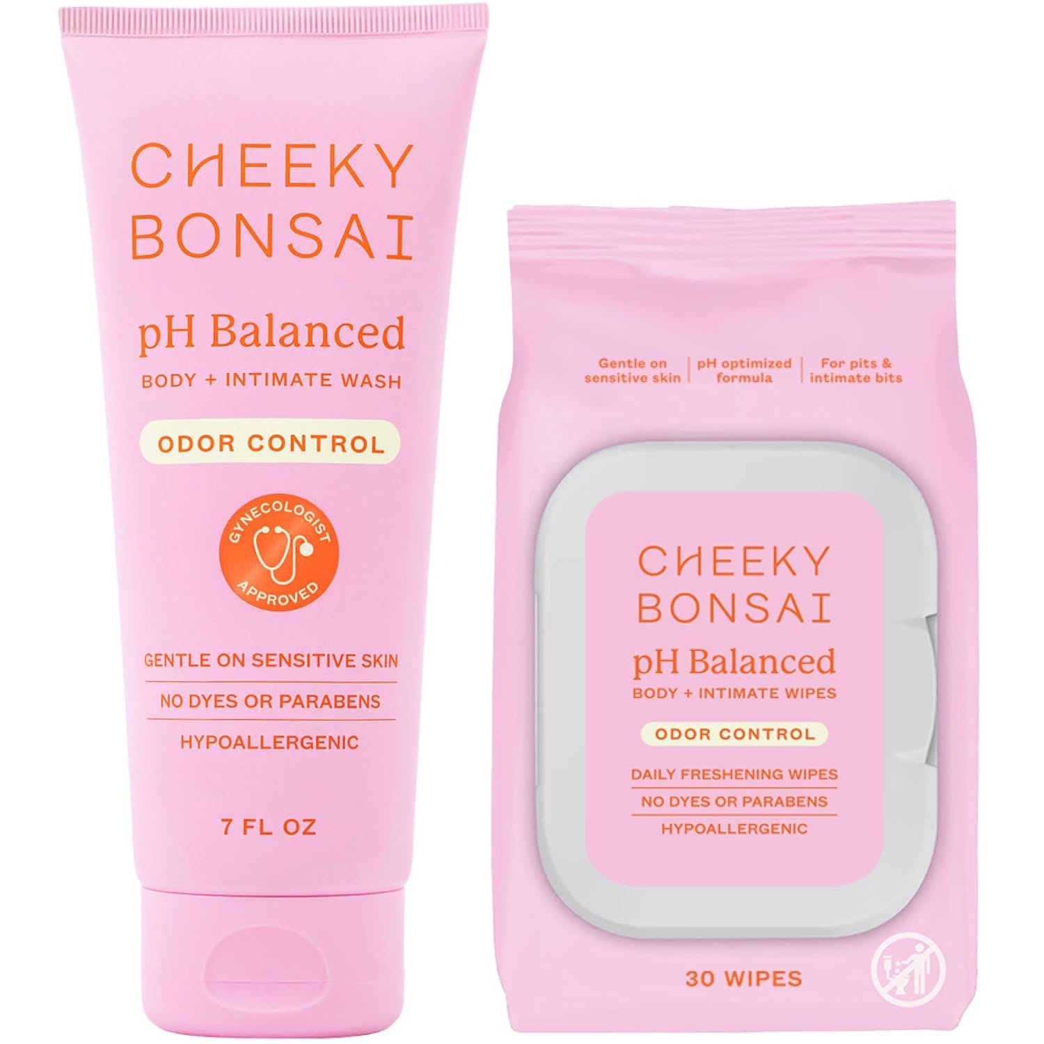 Cheeky Bonsai Daily Freshness Duo – Everywhere Wash (7 oz) + Prebiotic Intimate Wipes (30 ct) – pH Balanced, Moisturizing & Non-Irritating