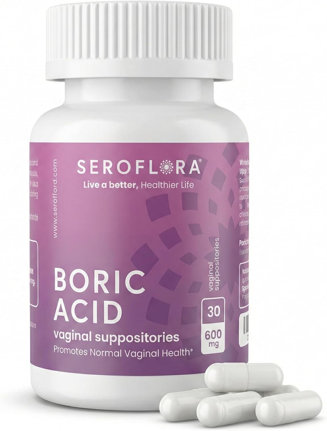 Seroflora Boric Acid 600mg Feminine Capsules, Feminine pH Support, Intimate Freshness for Women, Fast-Dissolving Capsules (30 Count)