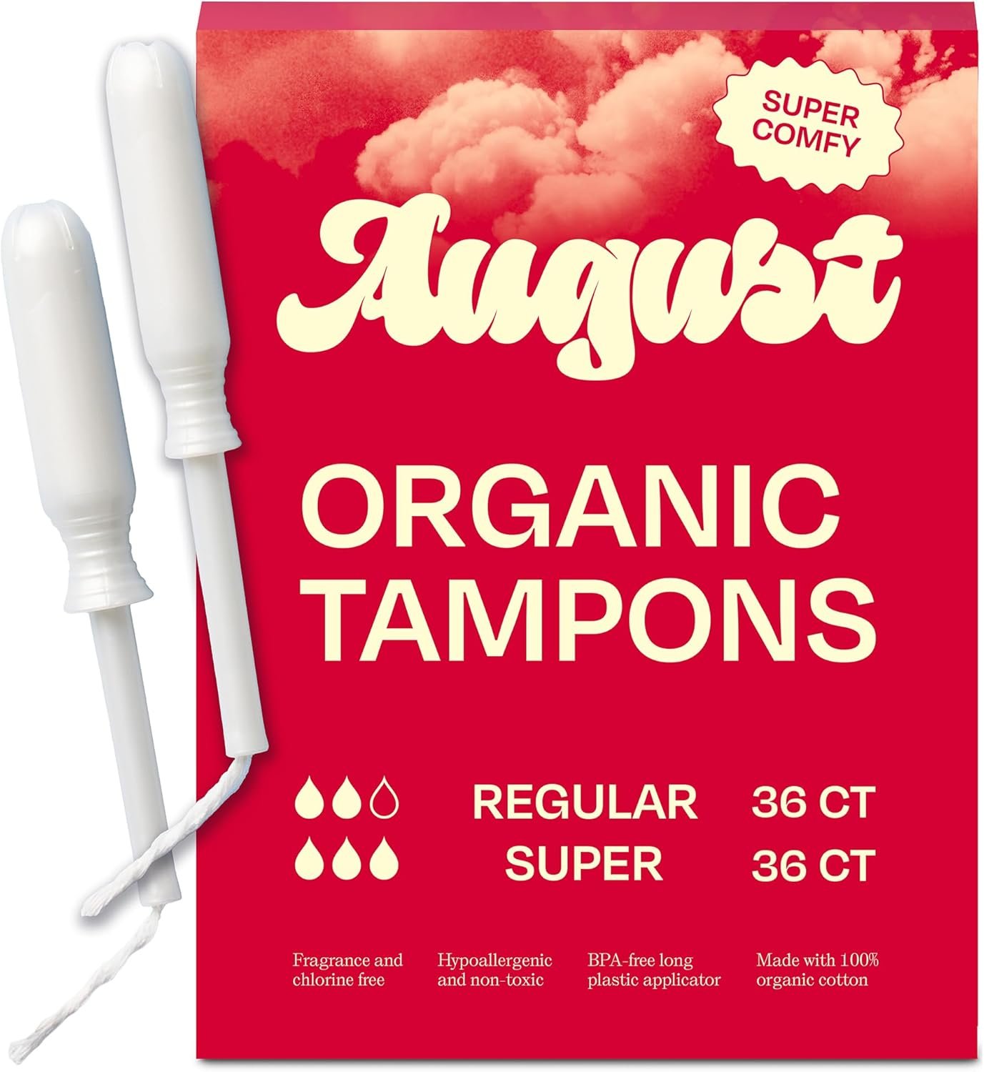 August Super + Regular Tampons – 72-Pack (36 + 36) 100% Organic Cotton Tampons for Women and Anyone Who Menstruates, Non-Toxic, Fragrance-Free, and Hypoallergenic with Long Applicators