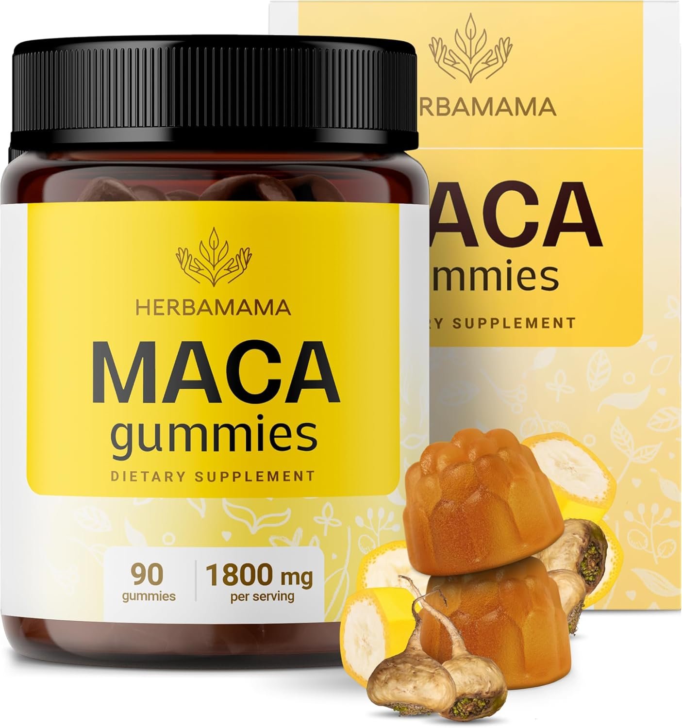 HERBAMAMA Maca Root Gummies – 1800mg Maca Root Extract for Energy Support – Vegan, Non-GMO Antioxidant Support Supplement – 90 Pectin-Based Banana-Flavored Chews