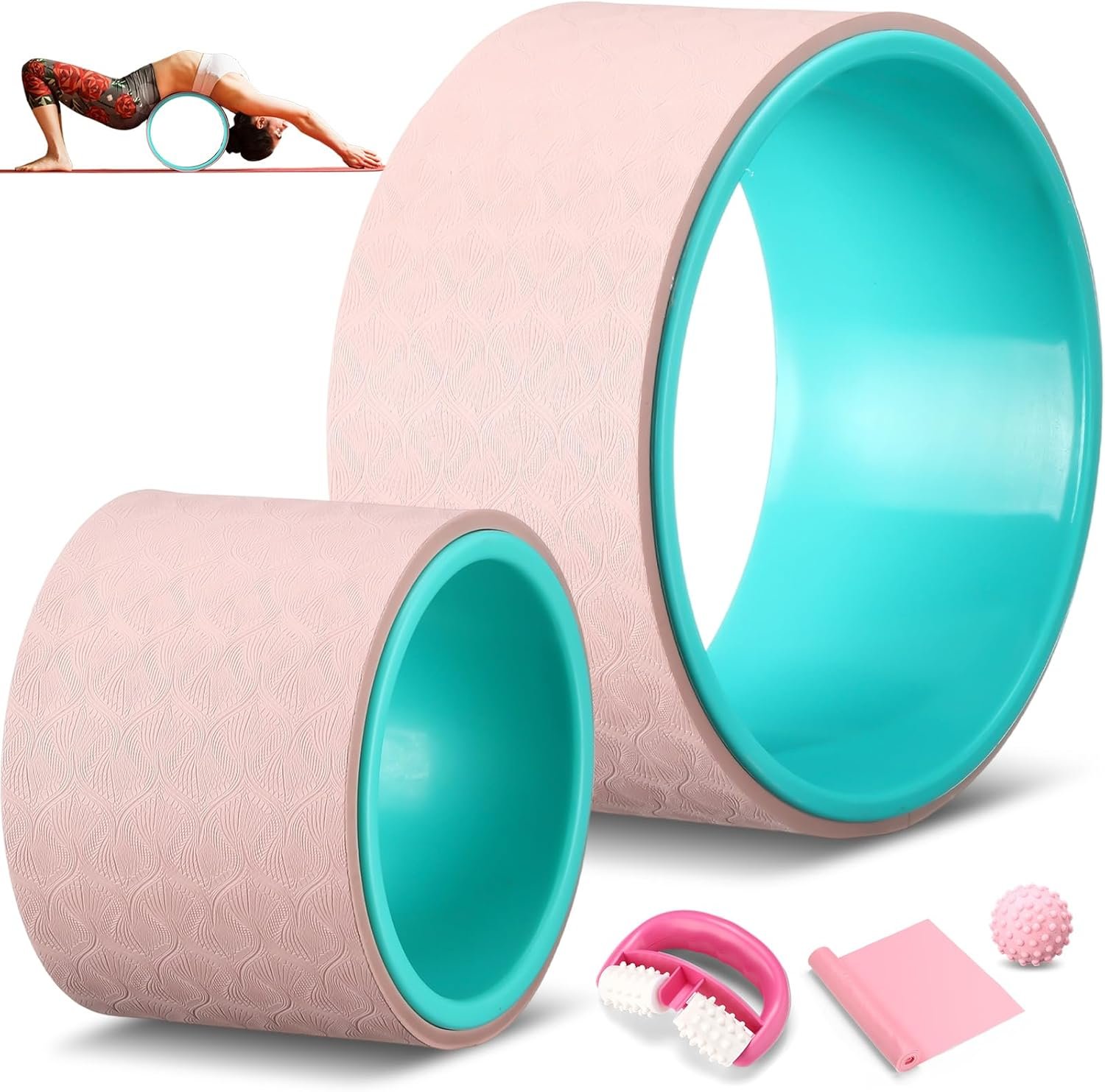 5 Pack Yoga Wheel Set Back Stretcher Wheel for Deep Tissue Massage Foam Roller for Back Pain Relief & Stretching, Trigger Point Therapy Ball, Resistance Loop Exercise Bands, Massage Roller