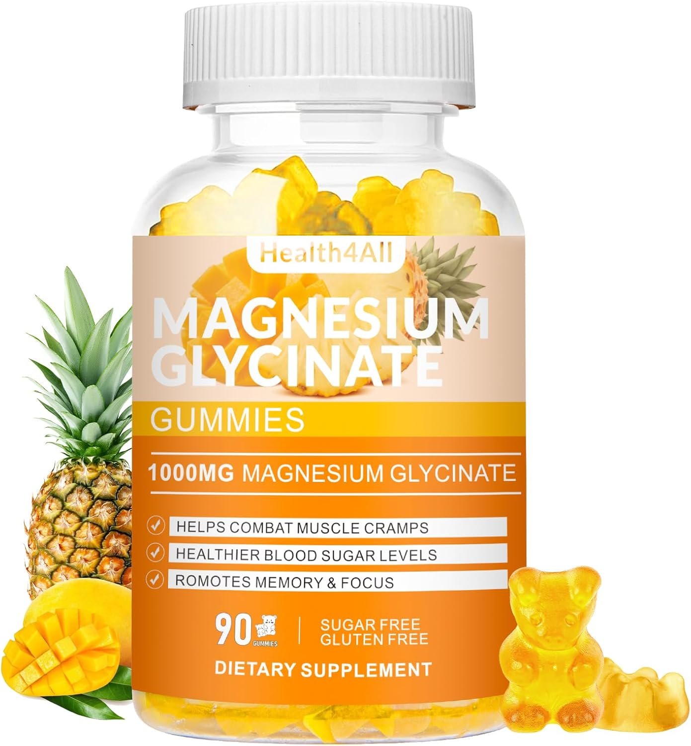 Magnesium Glycinate Gummies 1000mg, High Absorption Sugar Free Magnesium Potassium Supplement for Relaxation, Stress Relief, and Sleep Support for Adults & Kids – 90 Mango Pineapple Gummies