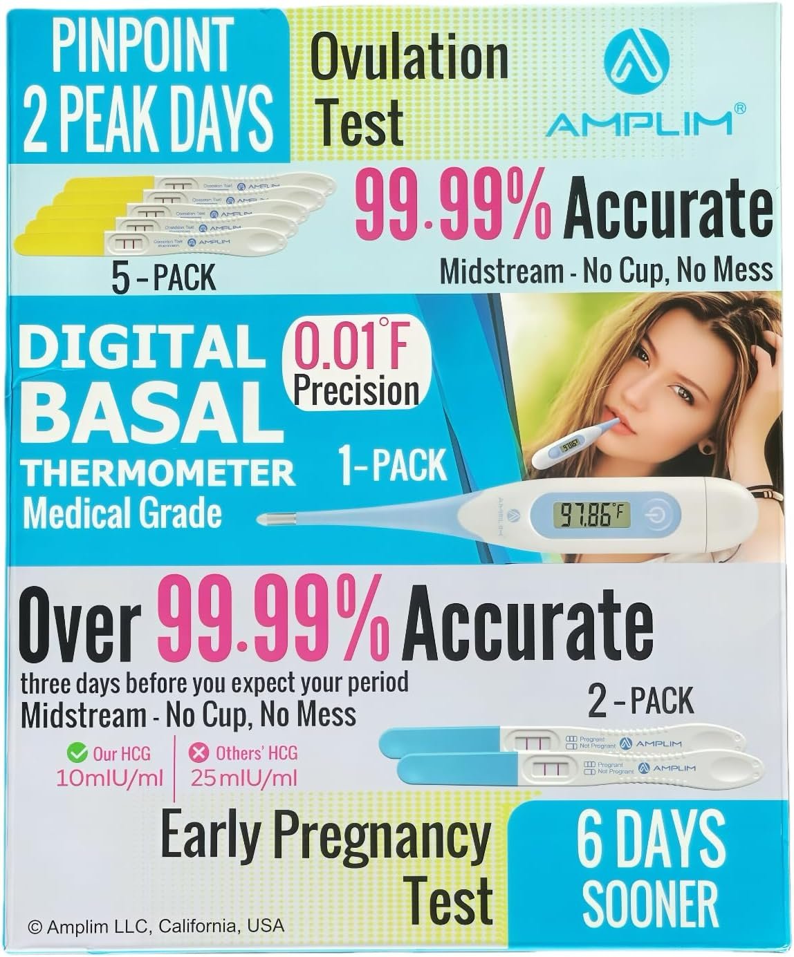 AMPLIM 99.99% Accurate HCG Pregnancy Test (Early Detection 10mIU/mL), LH Ovulation Midstream Tests, 0.01F Precision Digital Basal Thermometer, 2-sec Easy Home Use, 5-min Results, 8-Pack