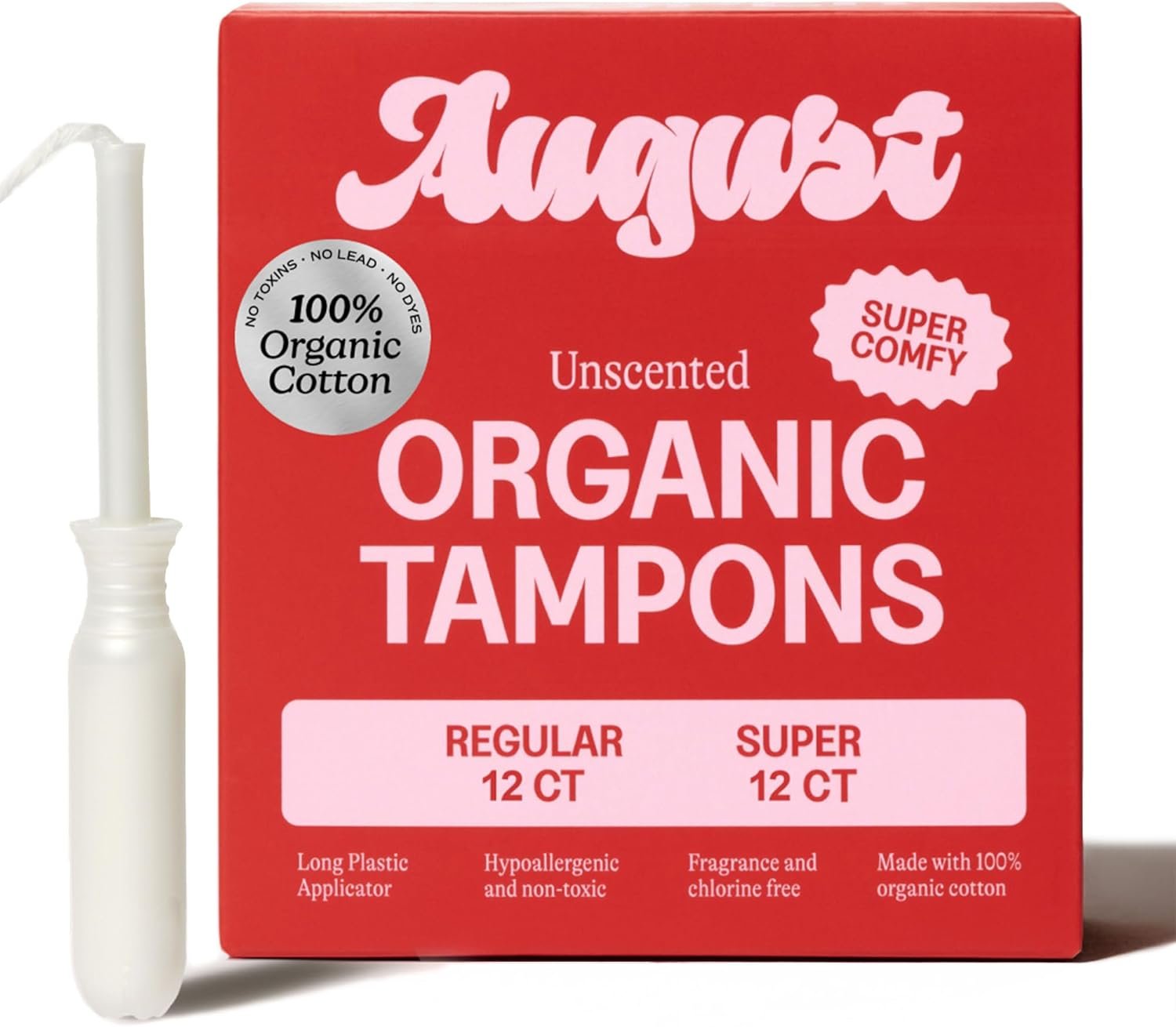 August Super + Regular Tampons – 24-Pack (12 + 12) 100% Organic Cotton Tampons for Women and Anyone Who Menstruates, Non-Toxic, Fragrance-Free, and Hypoallergenic with Long Applicators