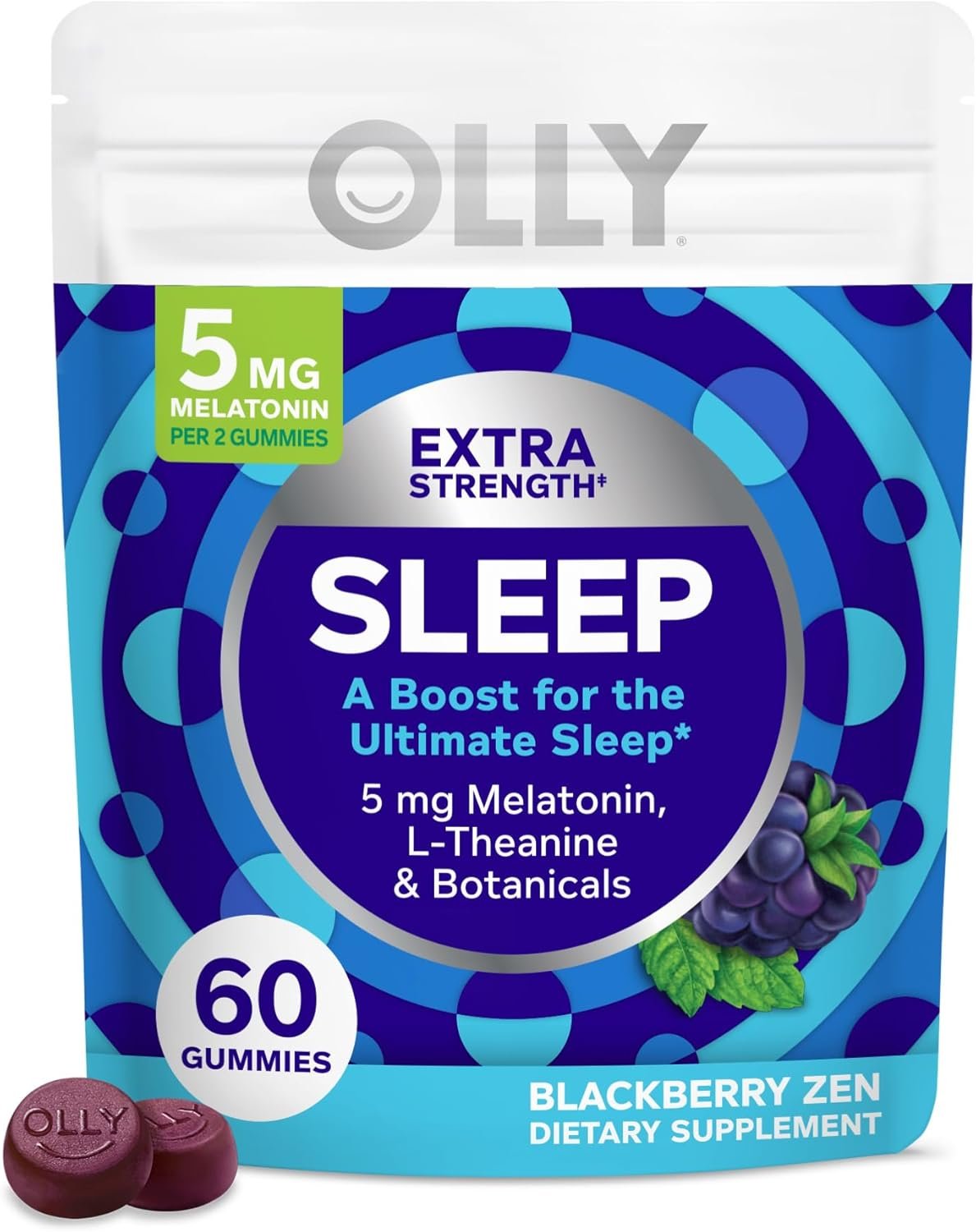 OLLY Extra Strength Sleep, 5 mg Melatonin L-Theanine, Chamomile and Botanicals – 60ct Pouch