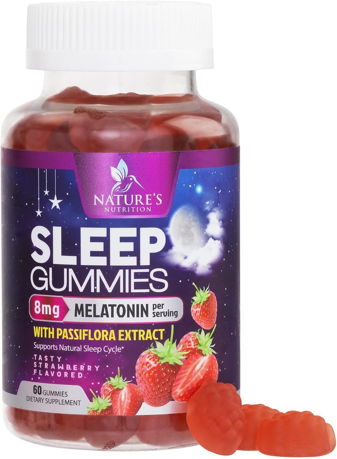 Sleep Gummies 8mg Melatonin Per Serving – With Passiflora Extract for Restful Sleep – Fast Acting Melatonin Sleep Gummy Supplement for Adults, Vegan, Non-GMO, Tasty Strawberry Flavor – 60 Gummies
