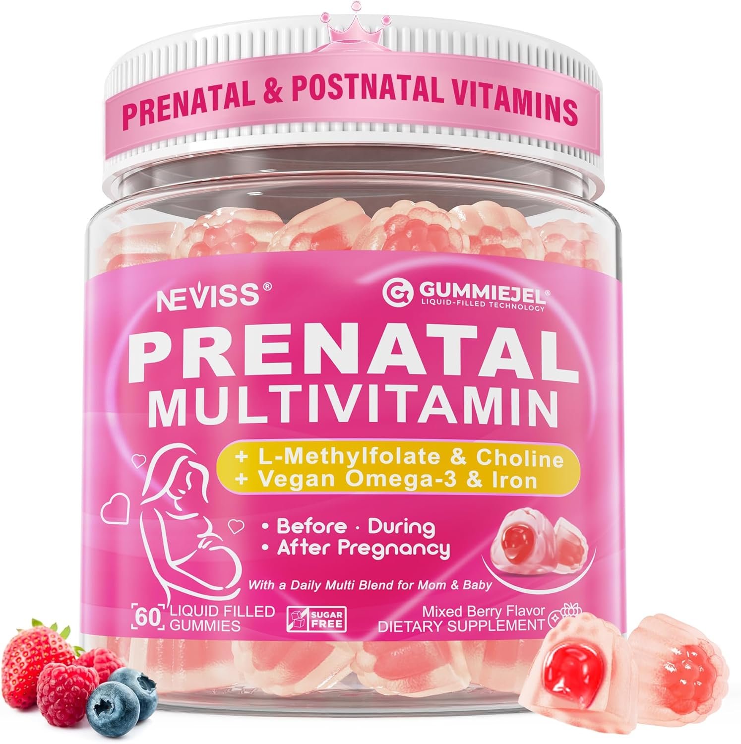 Prenatal Vitamins for Women Multivitamin Gummies w/ Methylfolate 1mg, Choline Omega-3(DHA+EPA) Iron, Postnatal Vitamins for Women Breastfeeding | Before,During & After Pregnancy,Sugar Free,Vegan,60Cts
