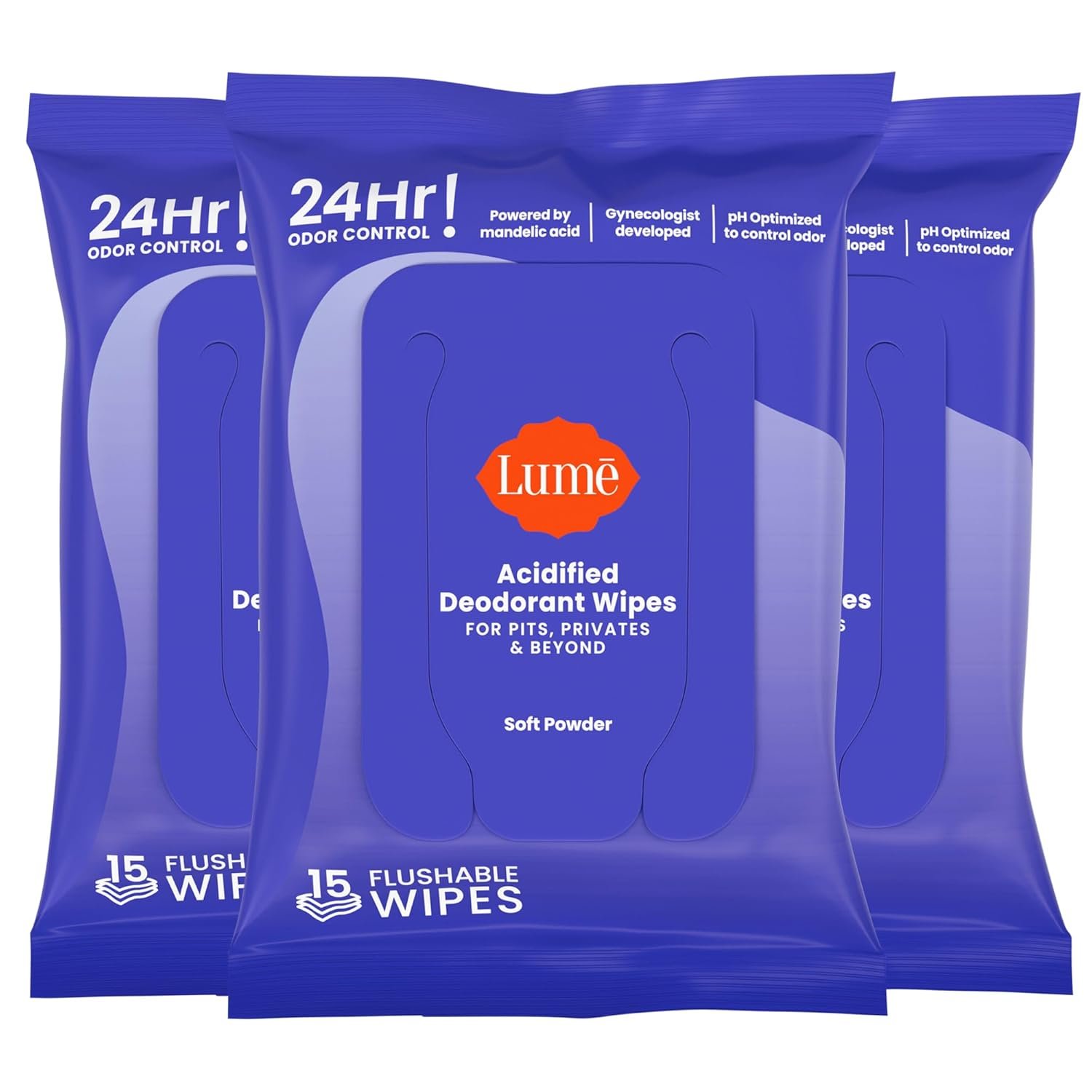 Lume Acidified Deodorant Wipes – 24 Hour Odor Control – Whole Body Deodorant Wipes – Aluminum Free, Baking Soda Free, Skin Loving – Flushable – 15 Count – 3 Pack (Soft Powder)