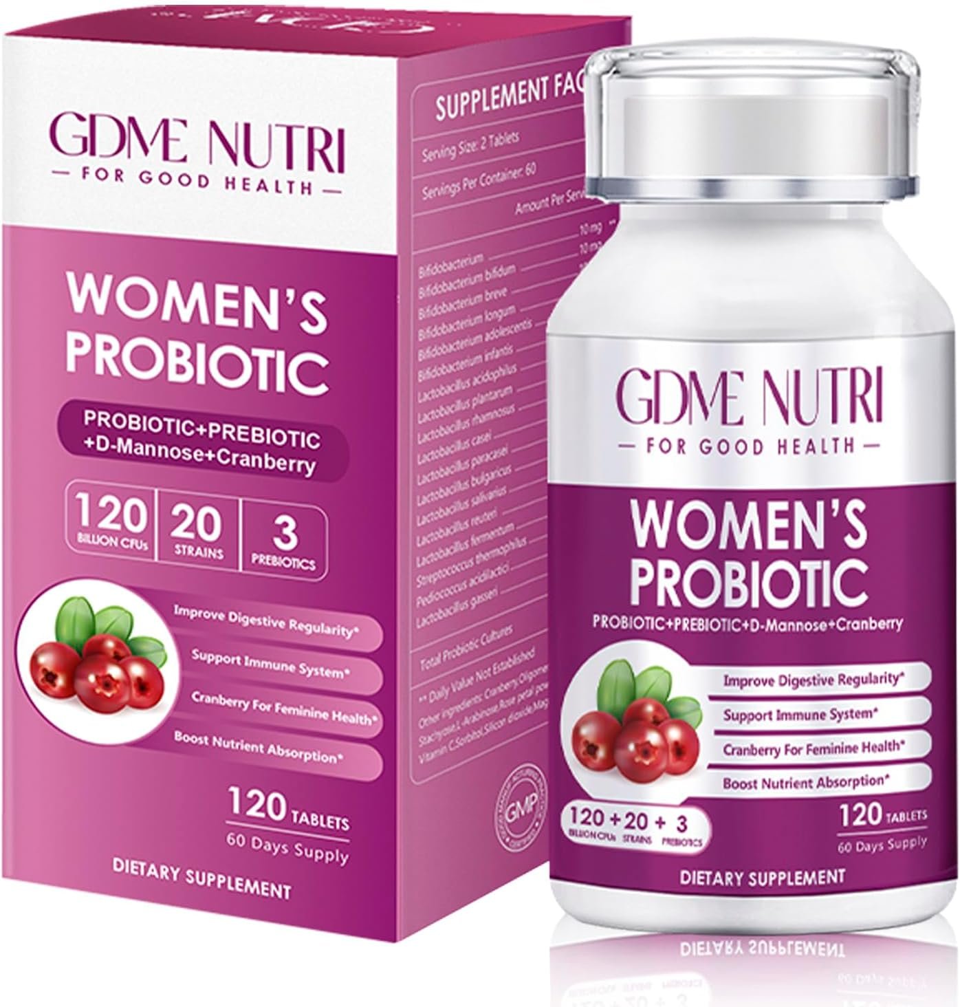 Women’s Probiotics, 120 Tablets 120 Billion CFU 20 Strains, Contains Organic Prebiotic Cranberry, Probiotic Supplement for Digestion, Immunity, Women’s Health, Soy Gluten Dairy Free