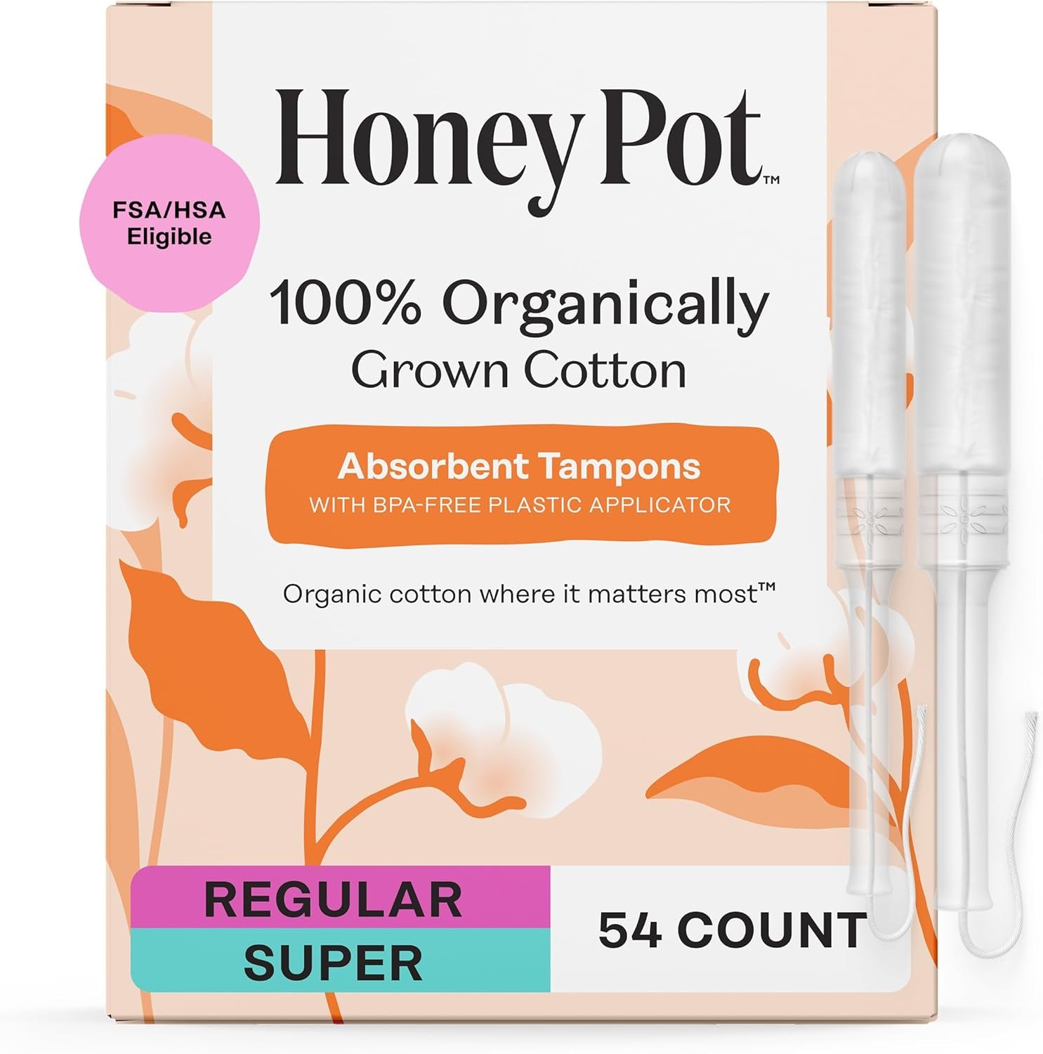 The Honey Pot Company – Multipack -100% Organic Cotton Core Tampons w/Bio Plastic Applicator – Regular & Super Absorbency – Unscented – Feminine Care – 54 Count (3 Packs of 18)