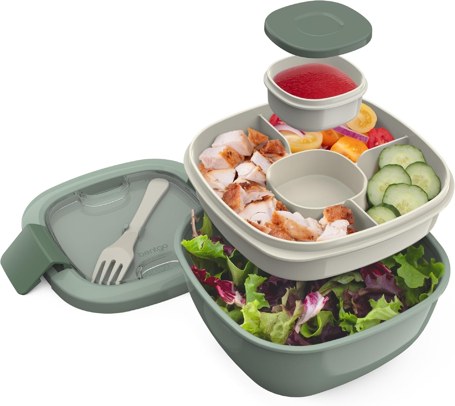 Bentgo Salad Container – 54 oz Bowl with 4-Compartment Toppings Tray, Leak-Proof Dressing Container, Reusable Fork, BPA-Free Lunch Box for Meal Prep & Food Storage; Removable Bento Tray (Khaki Green)