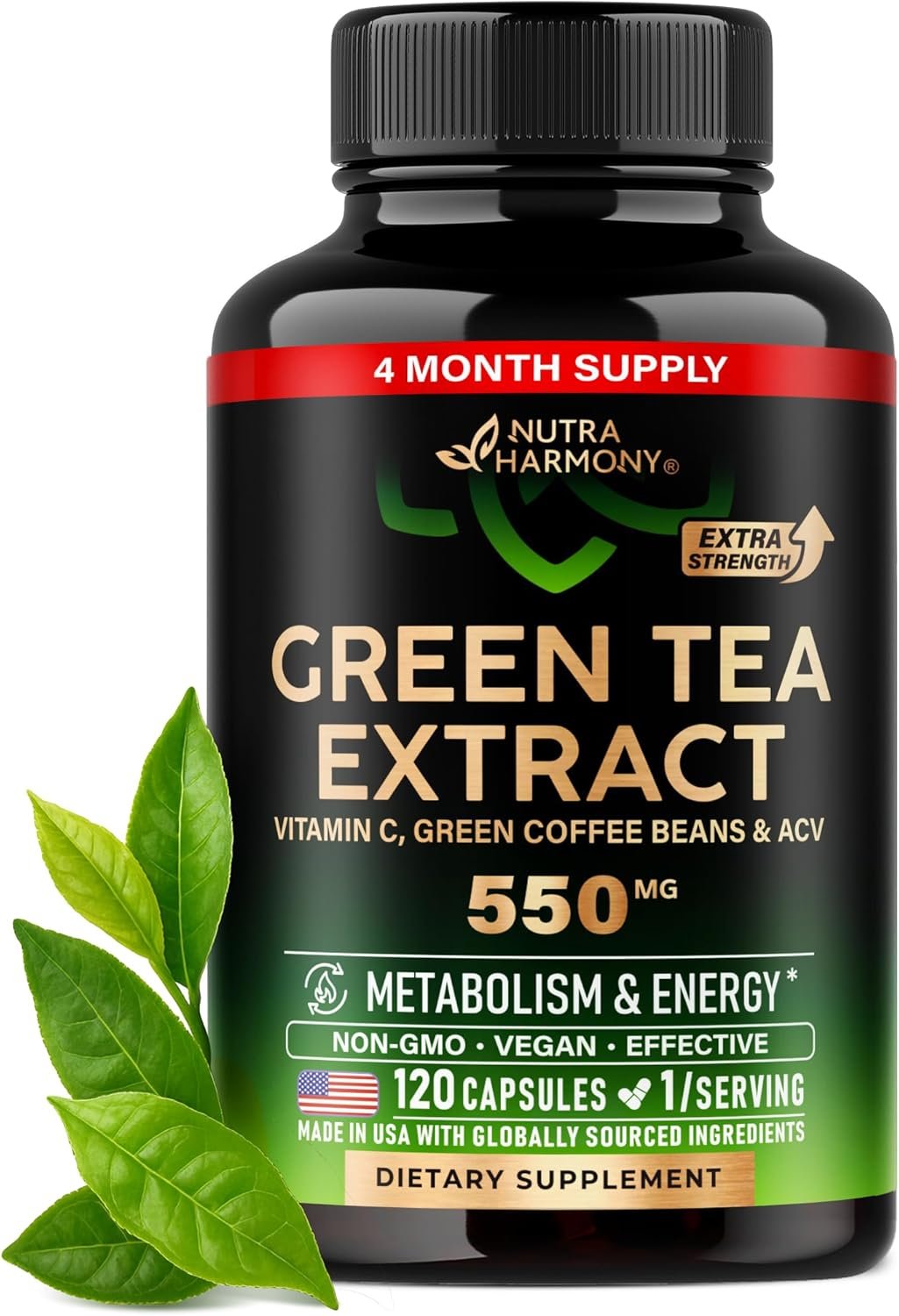 Green Tea Extract – 50% EGCG, Extra Strength 20:1 Extract – Natural Green Tea Supplement + Green Coffee Beans & Apple Cider Vinegar – Energy & Metabolism Support – for Men & Women – Vegan 120 Capsules