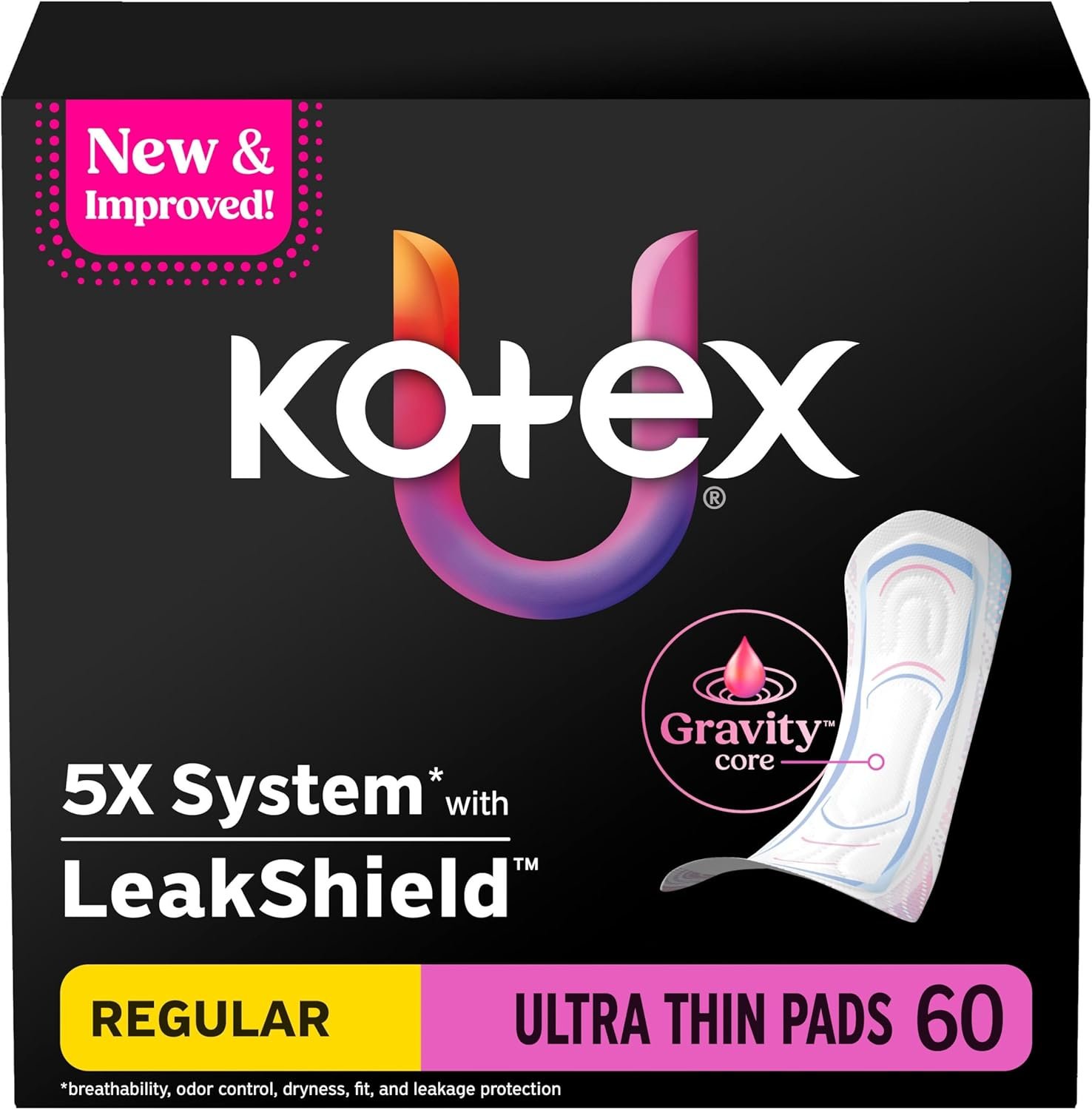 Kotex Ultra Thin Pads, Regular Absorbency, 60 Count (Packaging May Vary)