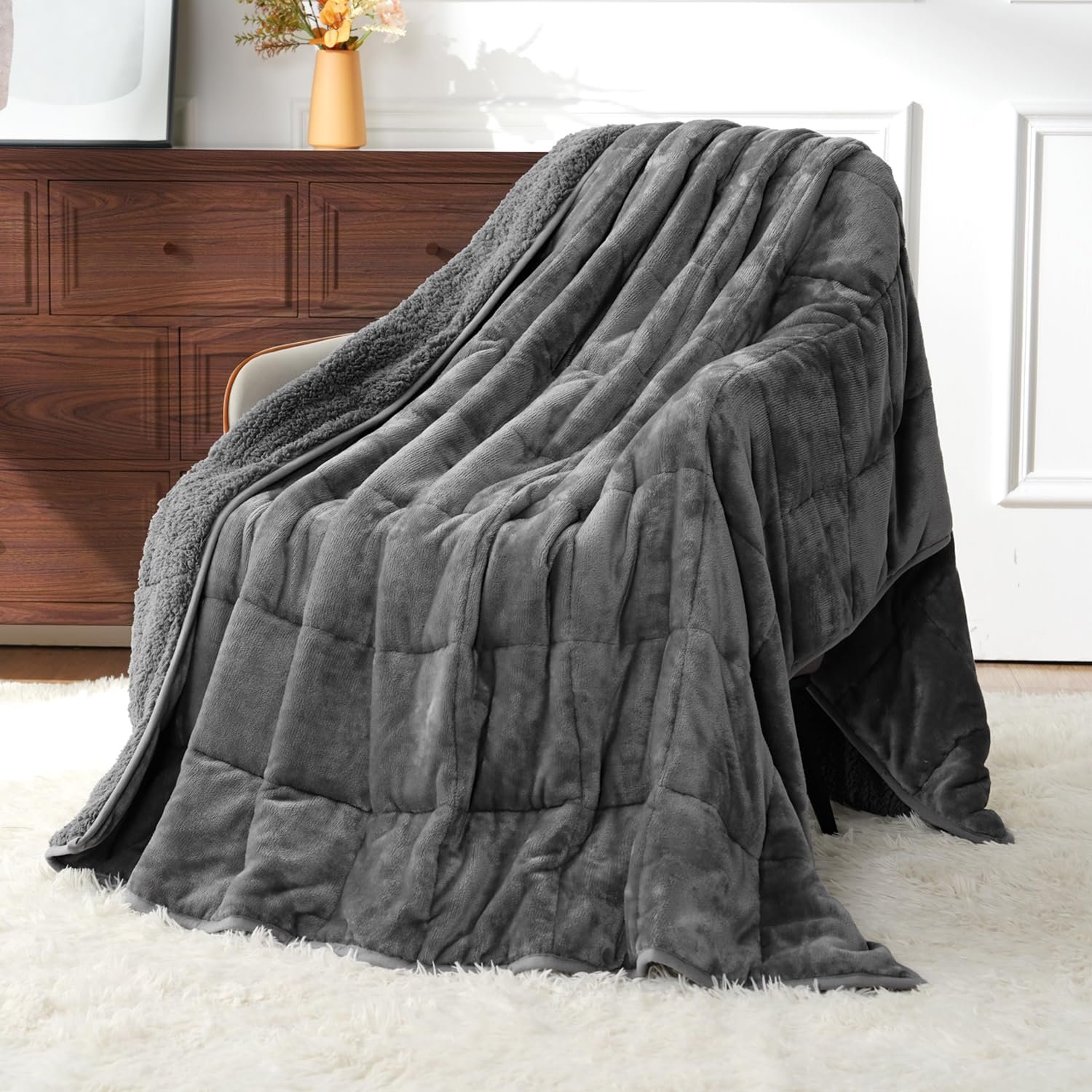 Uttermara Weighted Blankets for Adults Queen Size, 15lbs 60×80 inches Blanket with Soft Warm Plush Sherpa Fleece, Washable Thick Heavy Throw for Sleep, Anxiety and Calming, Grey