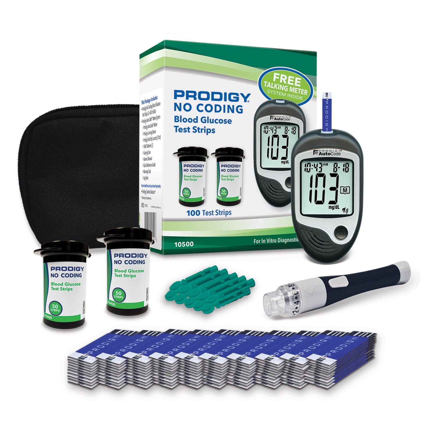PRODIGY 10500 100ct Test Strips with AutoCode Talking Meter Starter Kit, PRODIGY AutoCode Blood Glucose Talking Meter, No Coding Blood Glucose Test Strips (2 vials of 50ct), Adjustable Depth Lancing Device, Twist Top Lancets 28G (10ct), Carrying Case, Quick Reference Guide, Owner’s Manual