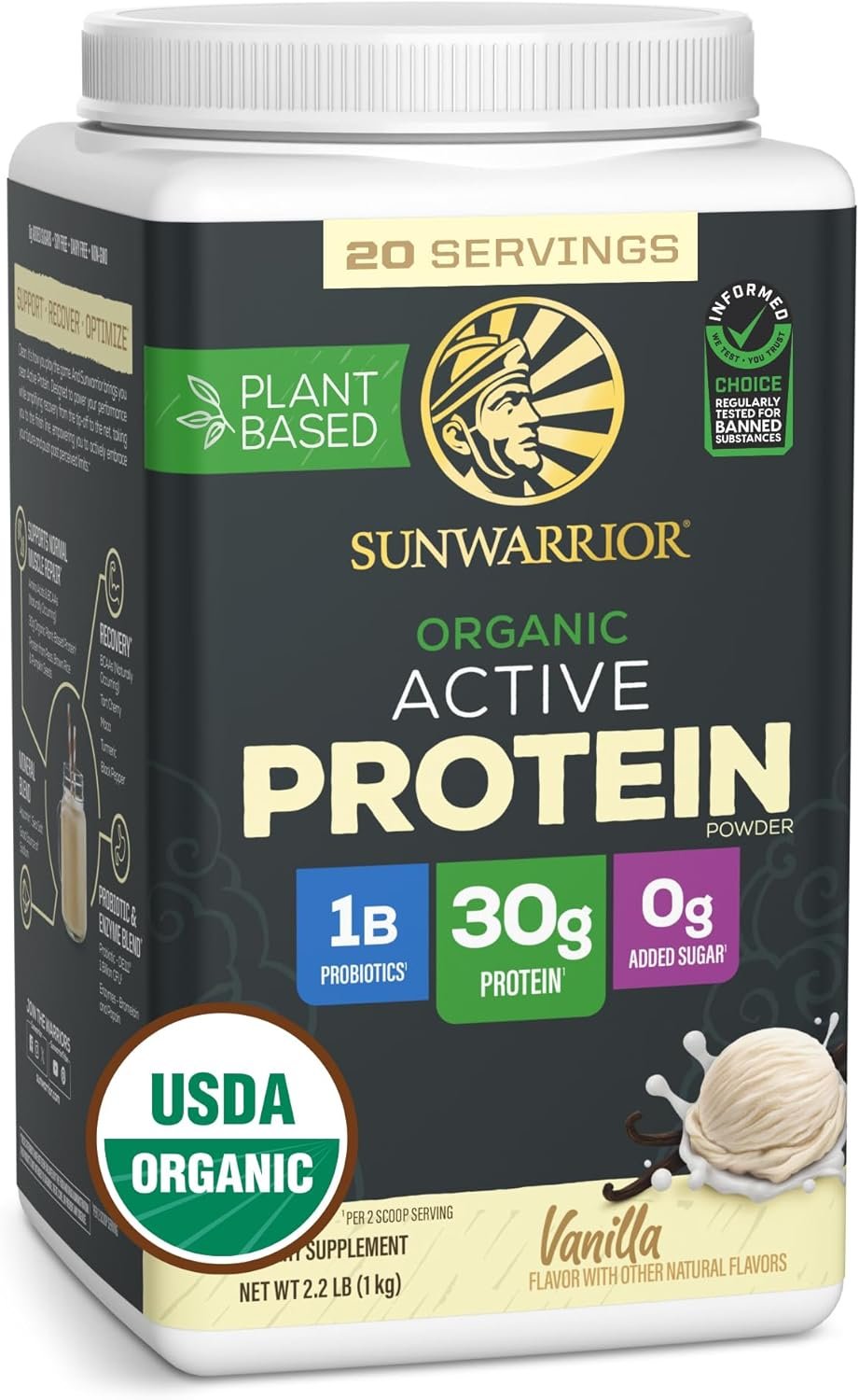 Sunwarrior Organic Plant Based Protein Powder | Vegan Organic Protein Powder with BCAA Amino Acids Plus Recovery Minerals & Botanicals | Non-GMO Soy Dairy & Gluten Free (Vanilla, 20 Servings)